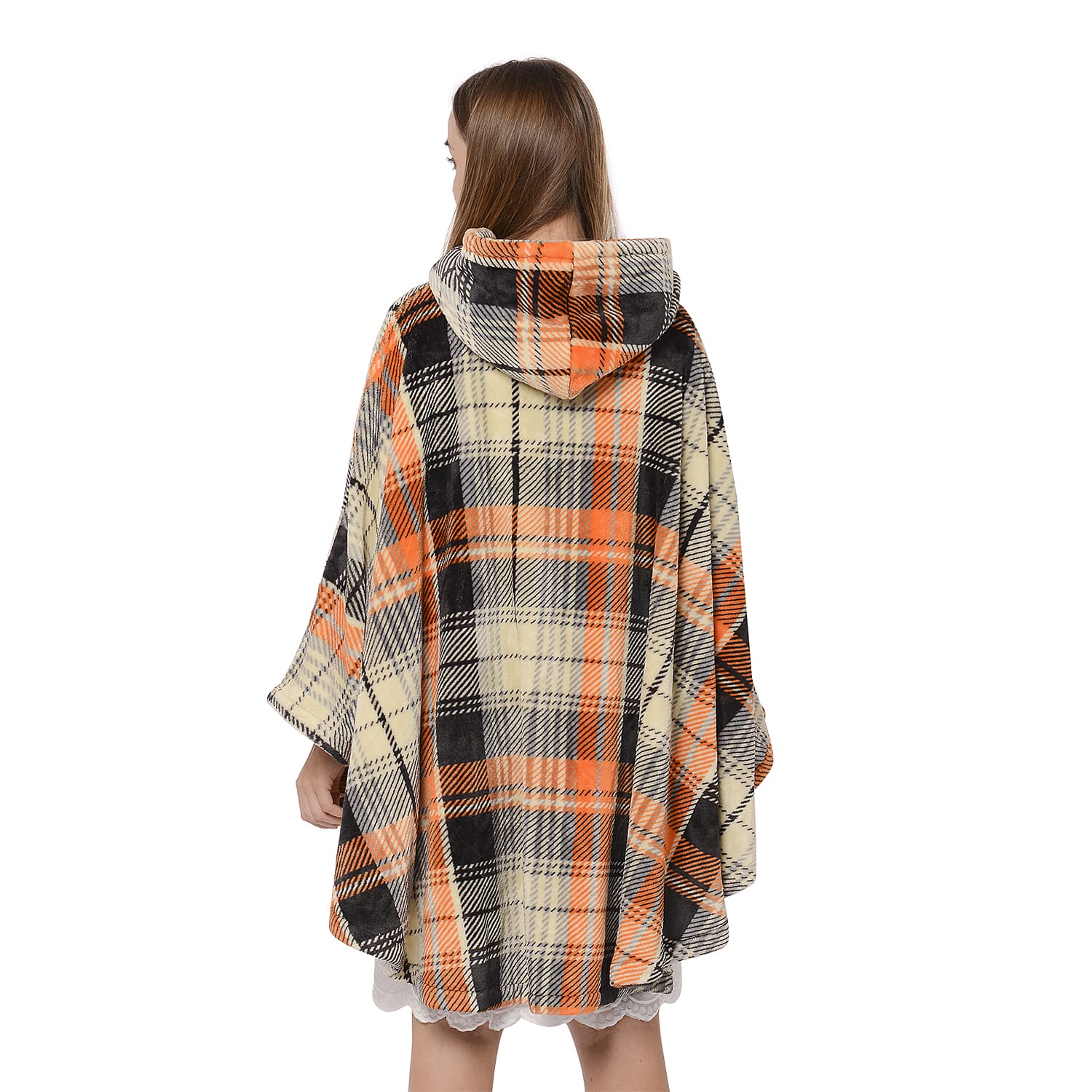 Check Pattern Flannel Hooded Wrap - Beige, Orange and Black