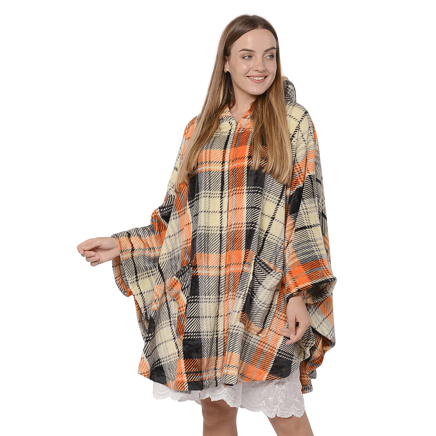 Check Pattern Flannel Hooded Wrap - Beige, Orange and Black