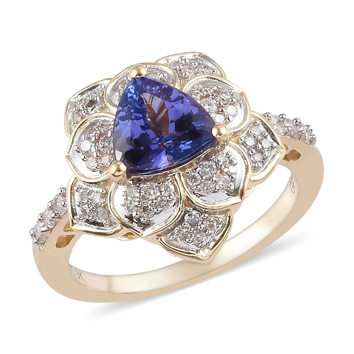 GP 9K Yellow Gold AAA Tanzanite, Natural Diamond (I3-G-H) and Blue Sapphire Lotus Ring 1.22 Ct. Gold Wt 4.02 Grams