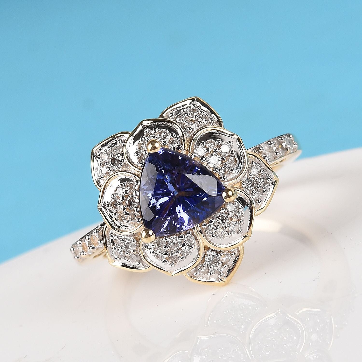 GP 9K Yellow Gold AAA Tanzanite, Natural Diamond (I3-G-H) and Blue Sapphire Lotus Ring 1.22 Ct. Gold Wt 4.02 Grams
