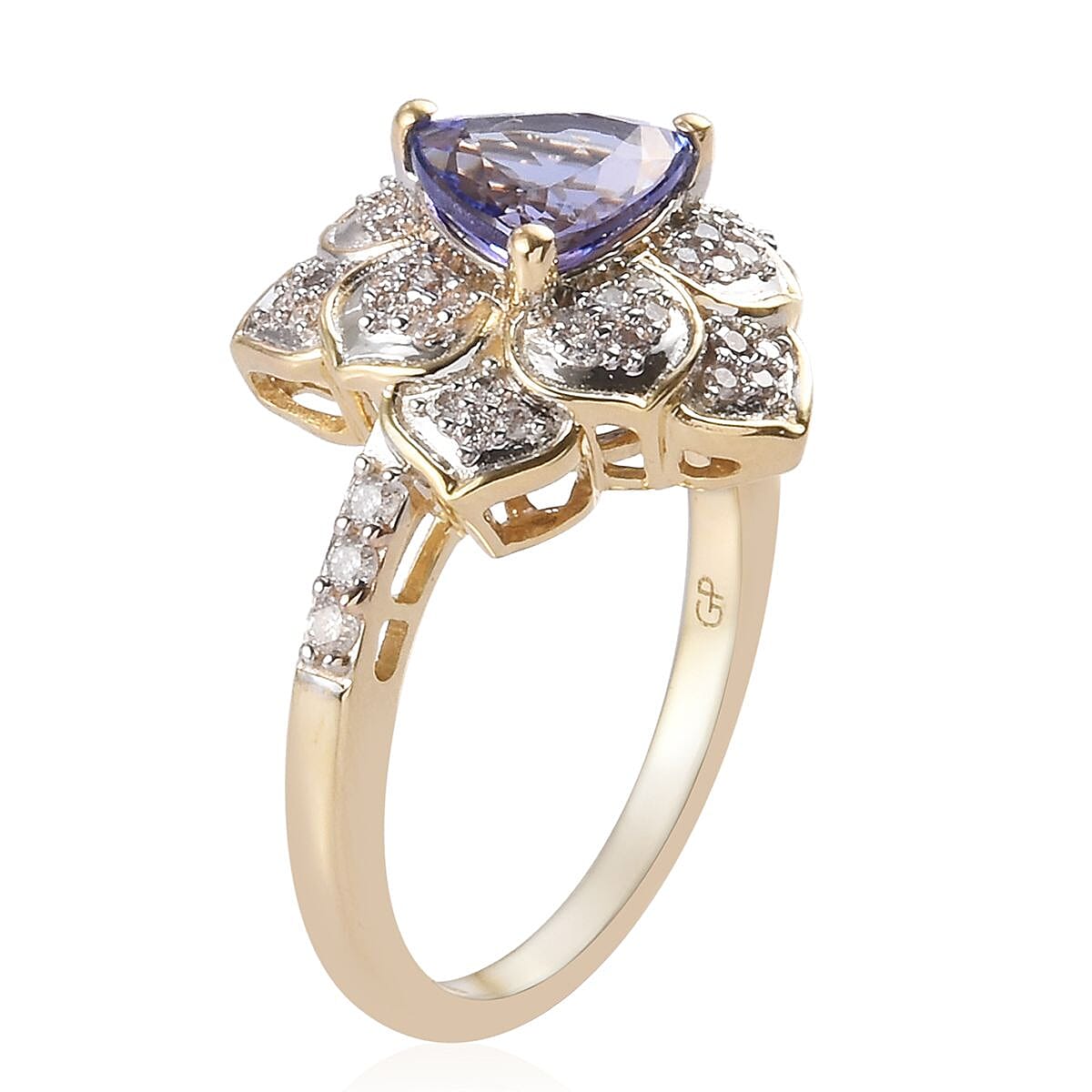 GP 9K Yellow Gold AAA Tanzanite, Natural Diamond (I3-G-H) and Blue Sapphire Lotus Ring 1.22 Ct. Gold Wt 4.02 Grams