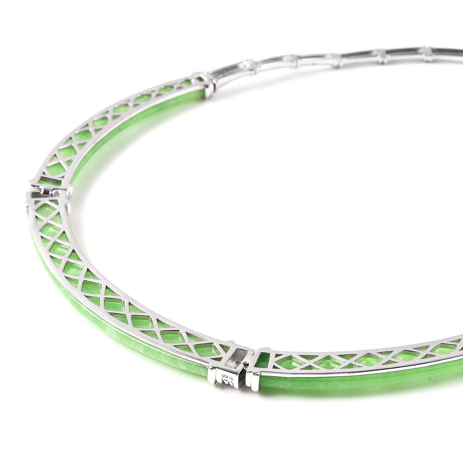 Green Jade Necklace (Size 18) in Rhodium Overlay Sterling Silver 85.50 Ct, Silver wt 27.90 Gms