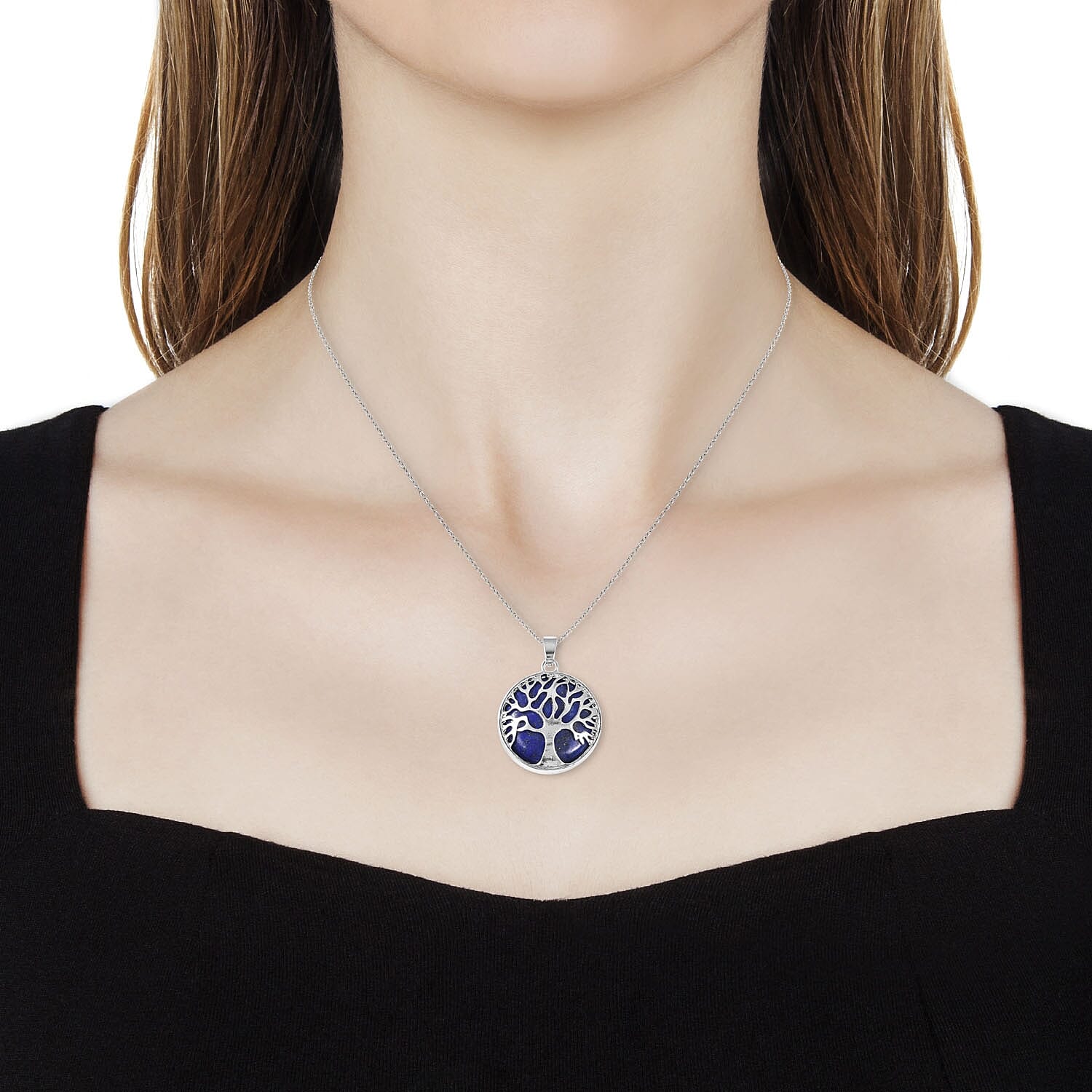 Lapis Lazuli Tree-of-Life Pendant with Chain (Size 20) in Silver Tone 15.00 Ct.