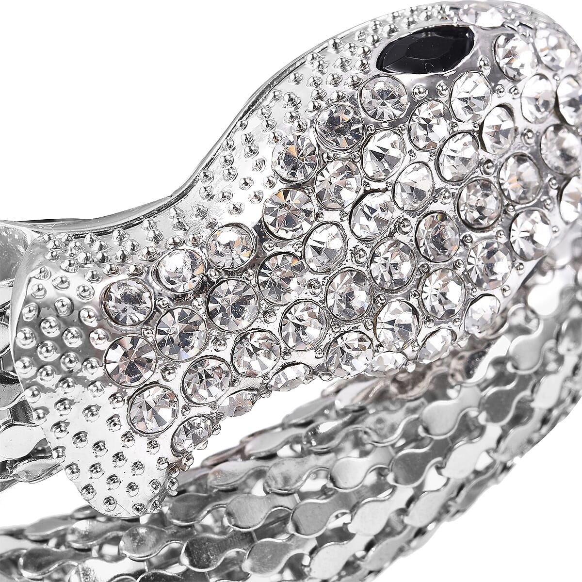 Designer Inspired- Crystal Studded Snake Bracelet (Size 6.5) in Silver Tone