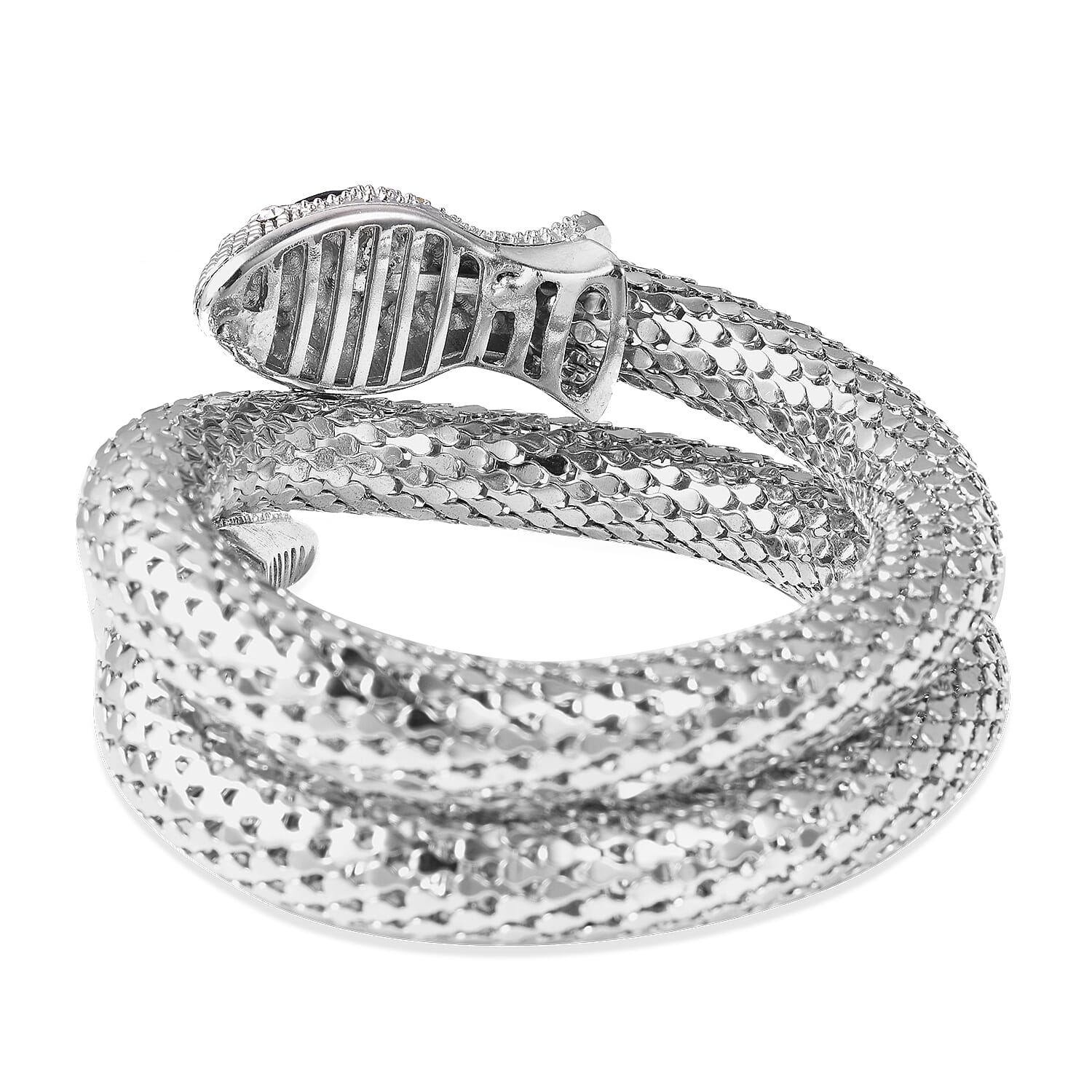Designer Inspired- Crystal Studded Snake Bracelet (Size 6.5) in Silver Tone