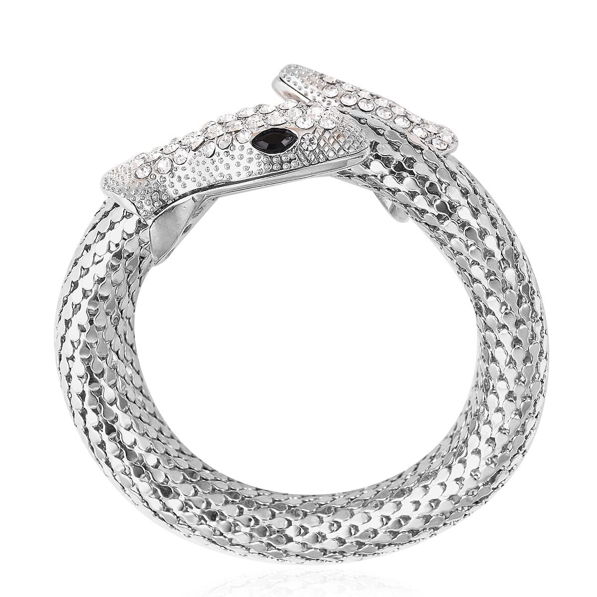 Designer Inspired- Crystal Studded Snake Bracelet (Size 6.5) in Silver Tone