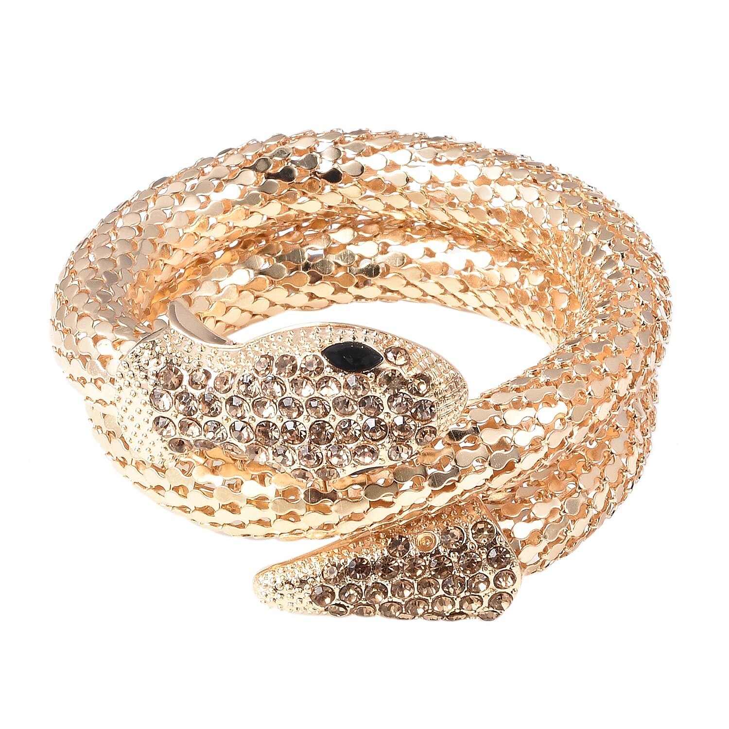 Designer Inspired- Crystal Studded Snake Bracelet (Size 6.5) in Gold Tone