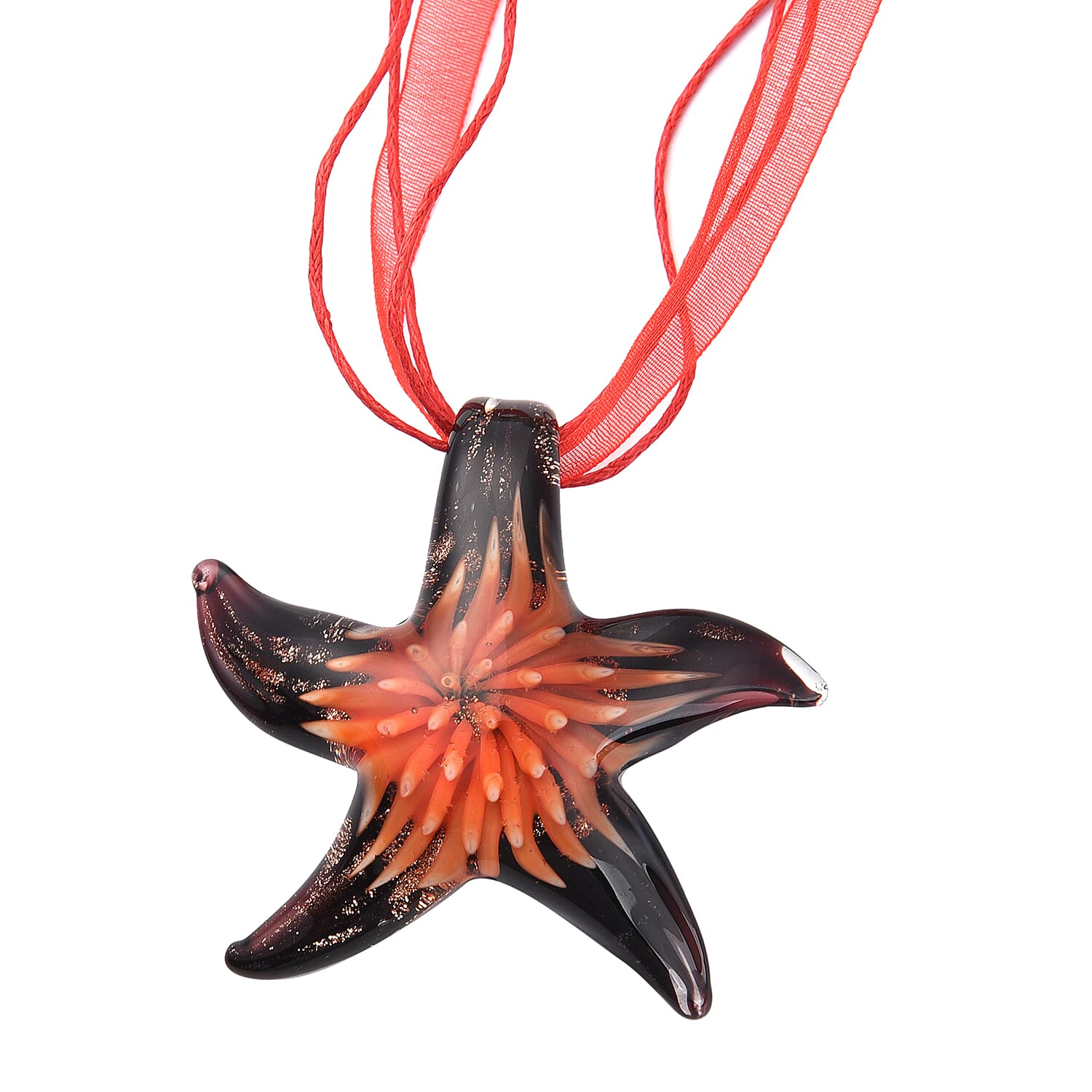 Orange Murano Glass Starfish Pendant with Chain (Size 24 with 2 inch Extender)