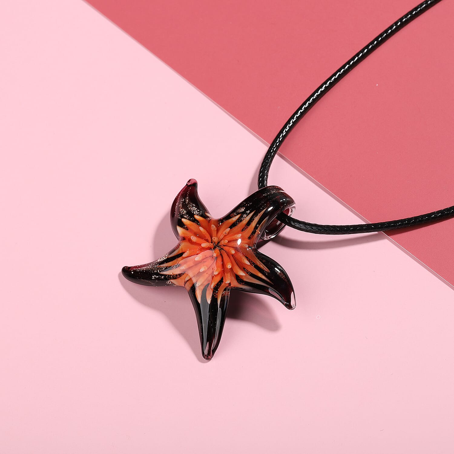 Orange Murano Glass Starfish Pendant with Chain (Size 24 with 2 inch Extender)