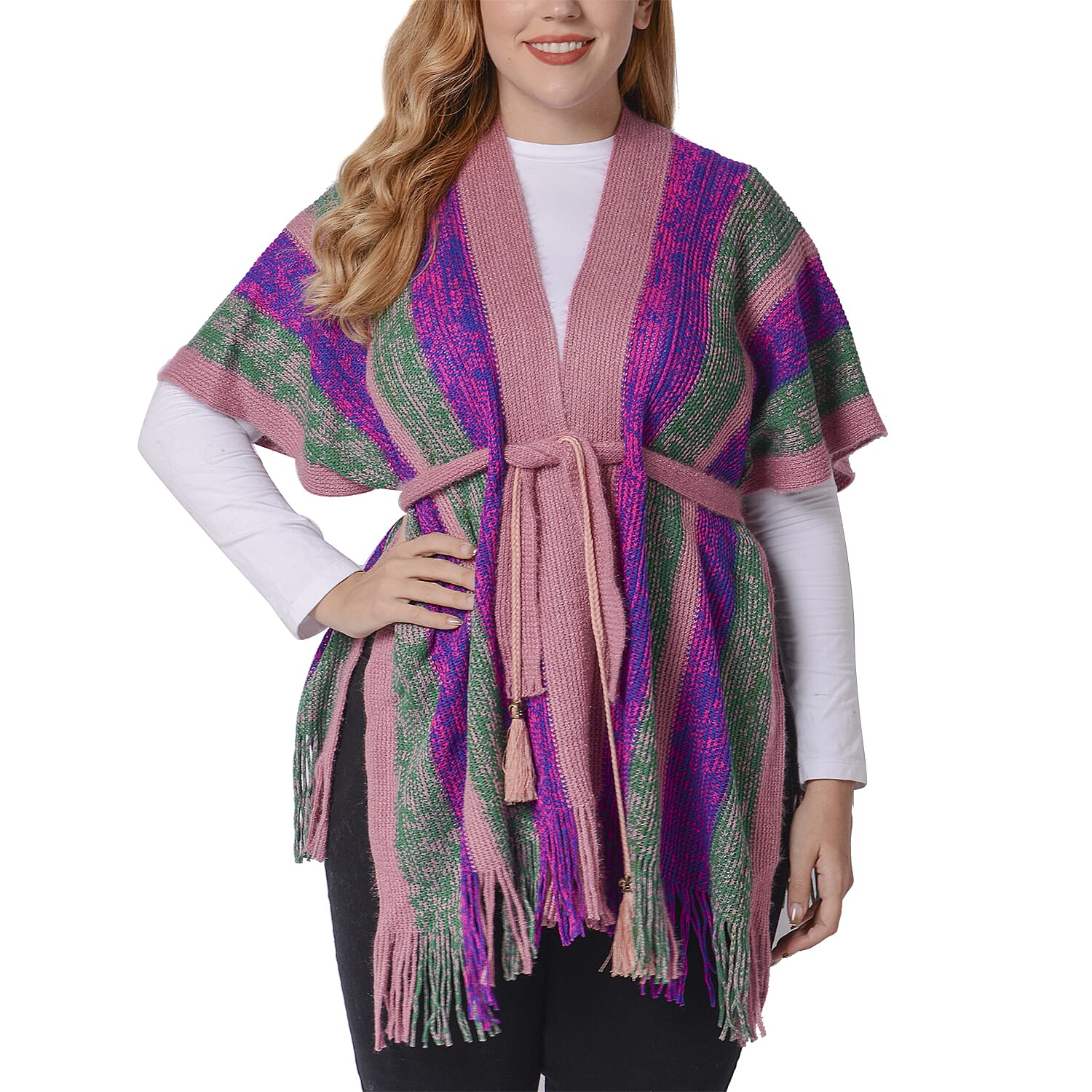 Purple Striped Shawl Wrap with Waist Belt (Size 84x66+10cm)
