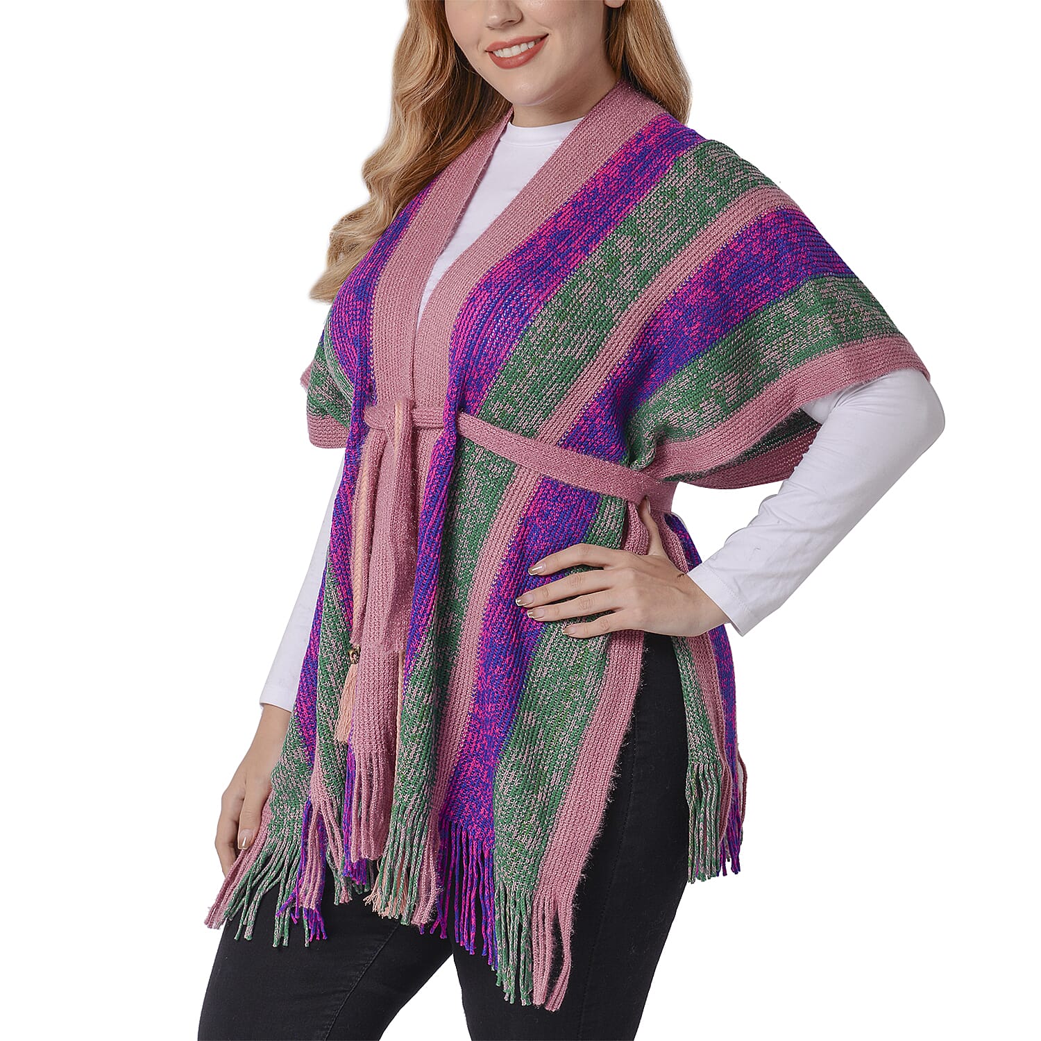 Purple Striped Shawl Wrap with Waist Belt (Size 84x66+10cm)