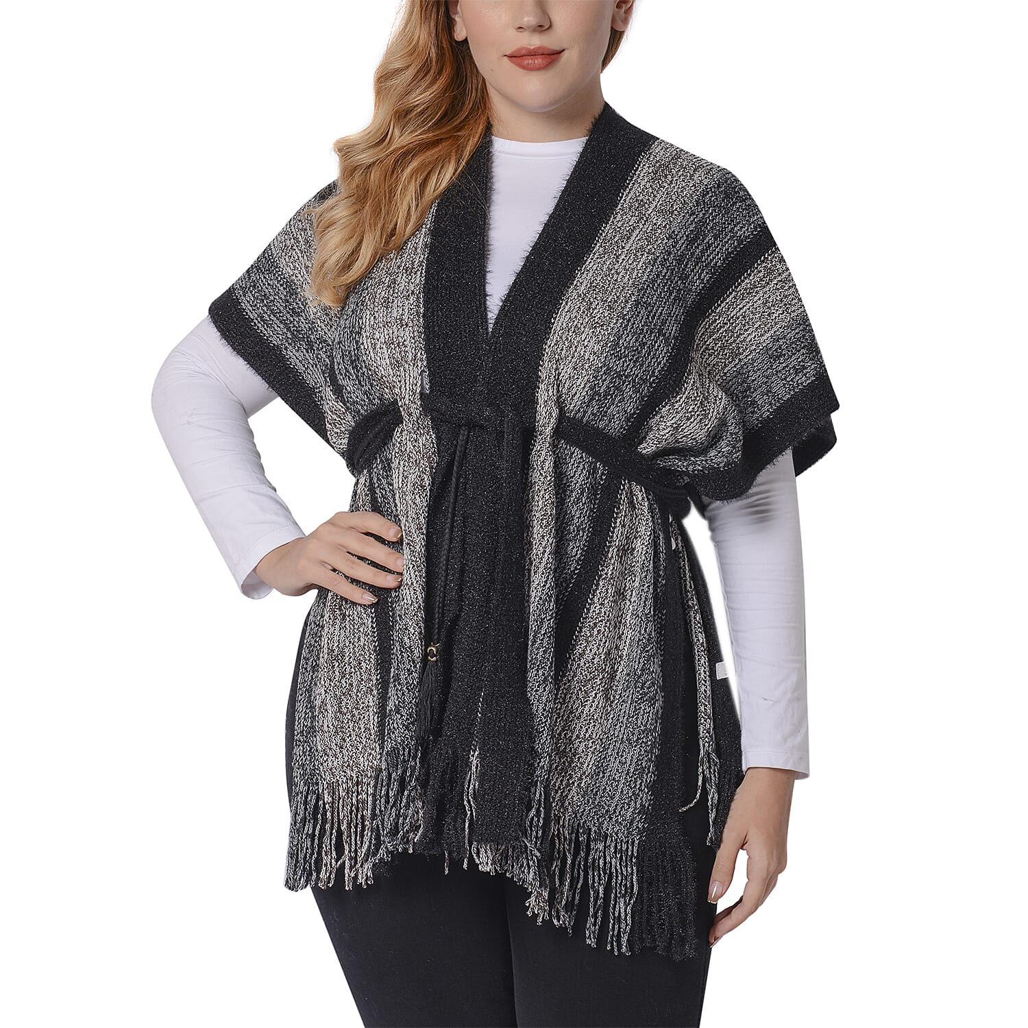 Black Striped Shawl Wrap with Waist Belt (Size 84x66+10cm)