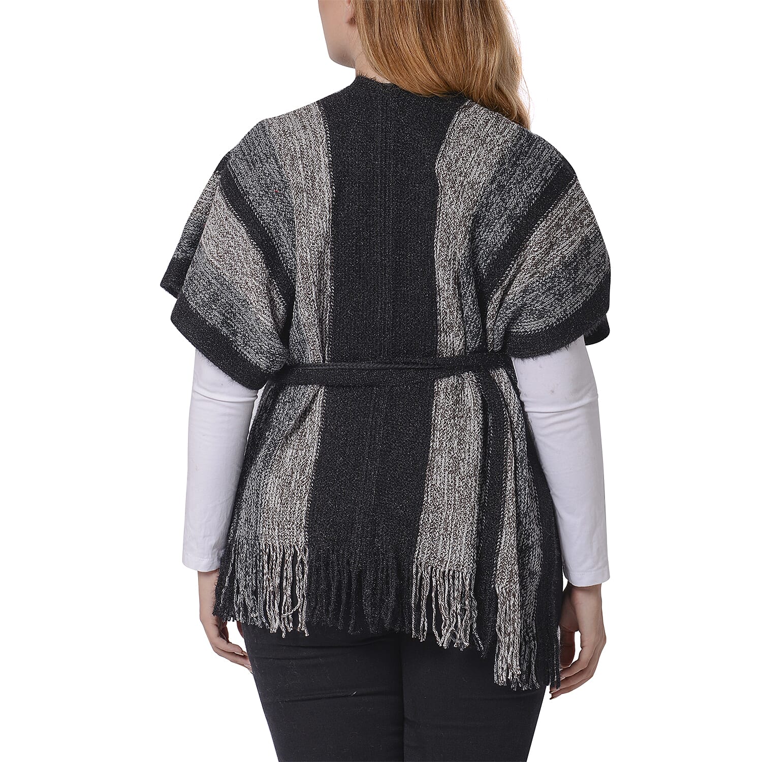 Black Striped Shawl Wrap with Waist Belt (Size 84x66+10cm)