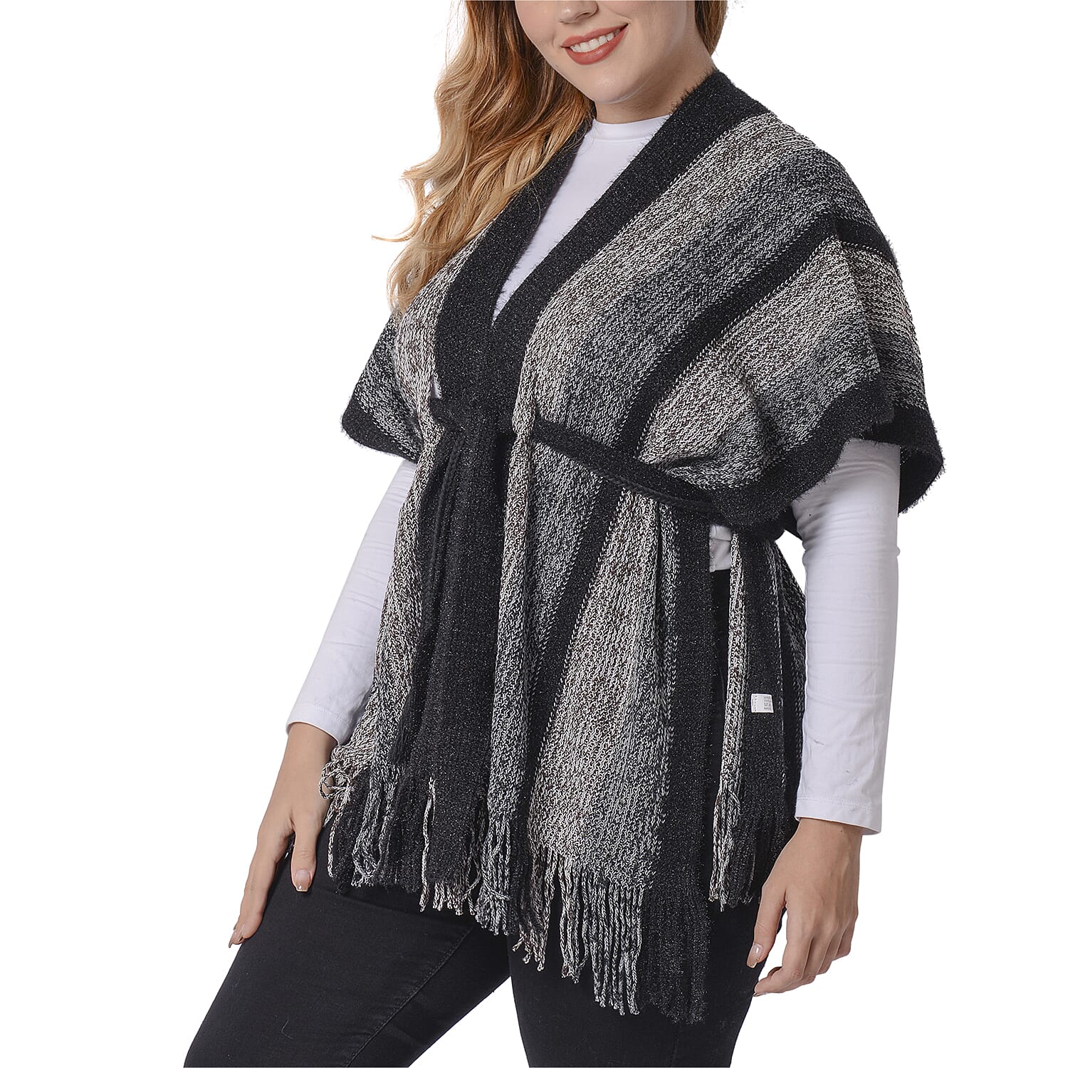 Black Striped Shawl Wrap with Waist Belt (Size 84x66+10cm)