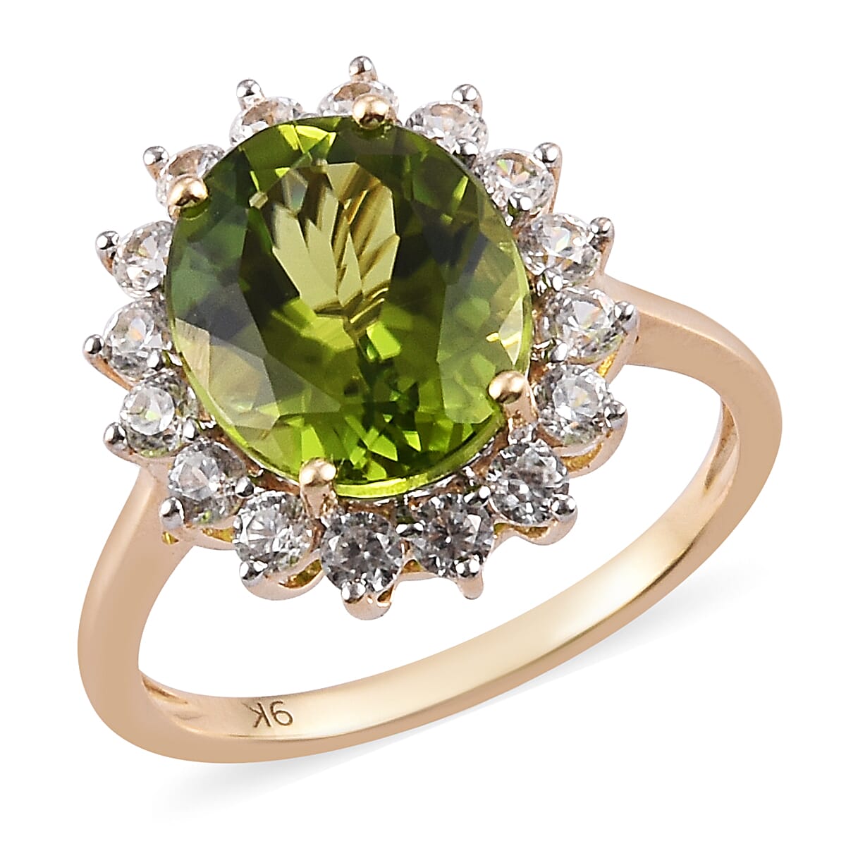 9K Yellow Gold AAA Hebei Peridot and Natural Cambodian Zircon Ring 6.25 Ct.