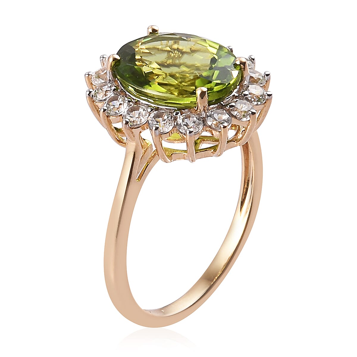 9K Yellow Gold AAA Hebei Peridot and Natural Cambodian Zircon Ring 6.25 Ct.