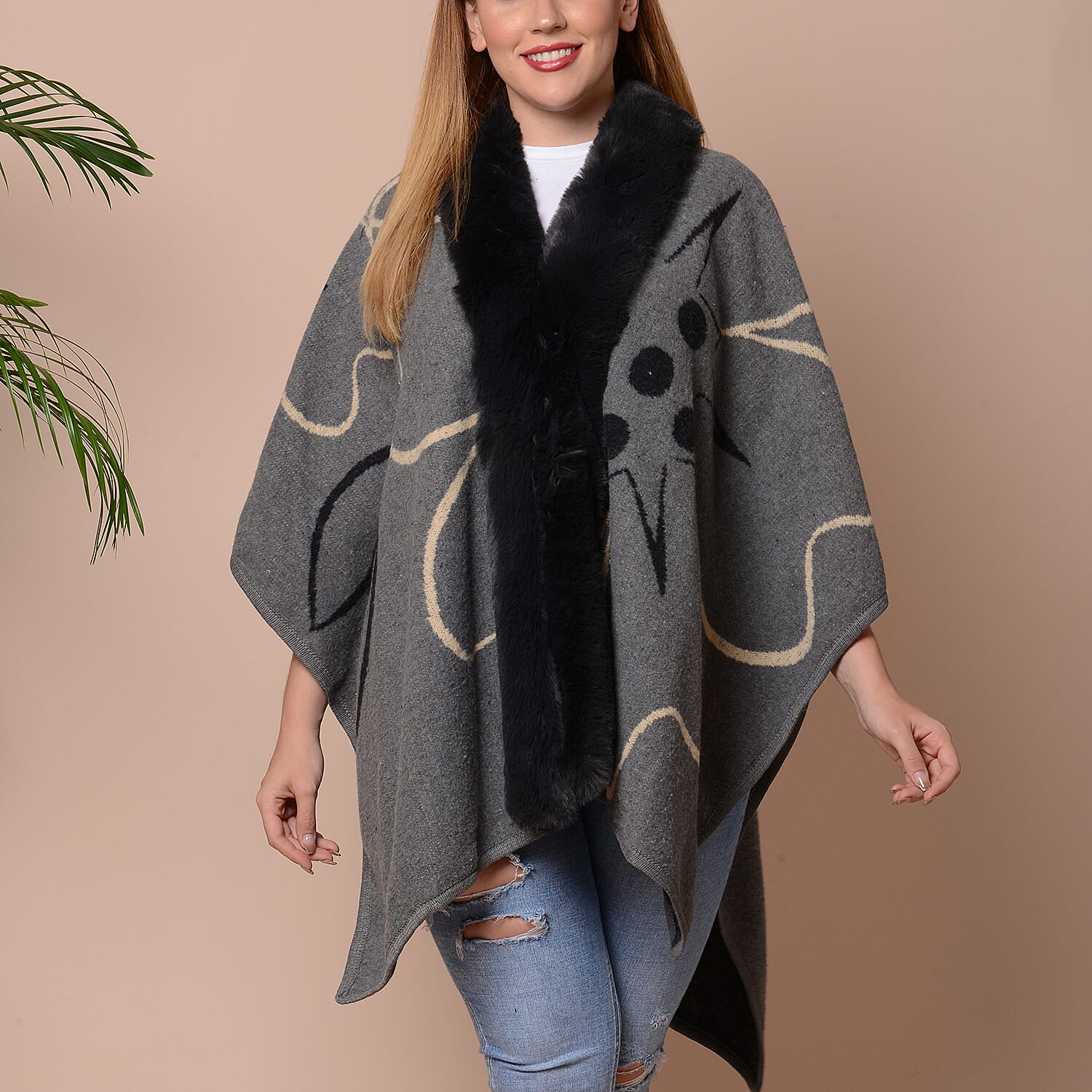 Big Flower Pattern Kimono with Faux Fur Collar (Size 78x109cm) - Grey