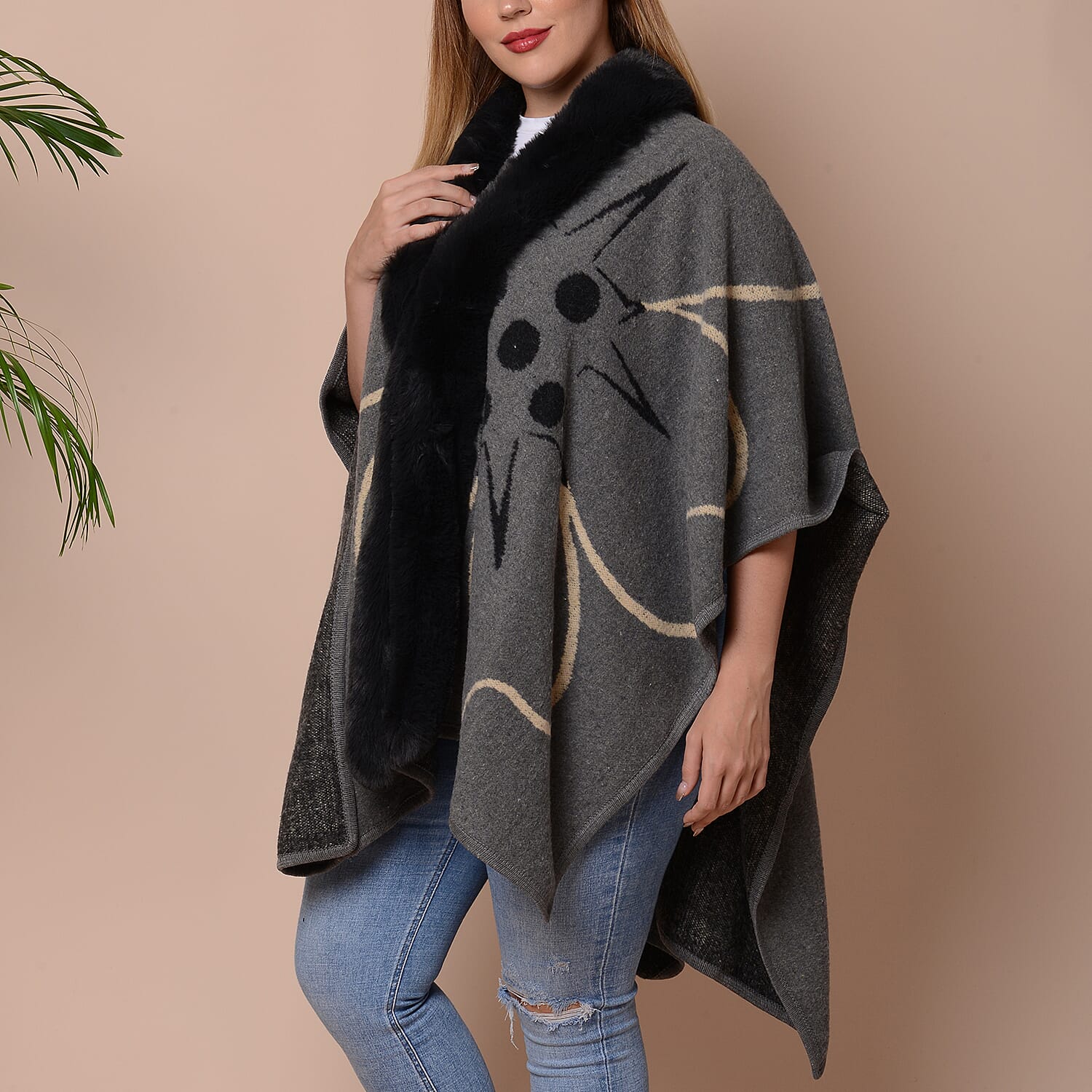 Big Flower Pattern Kimono with Faux Fur Collar (Size 78x109cm) - Grey