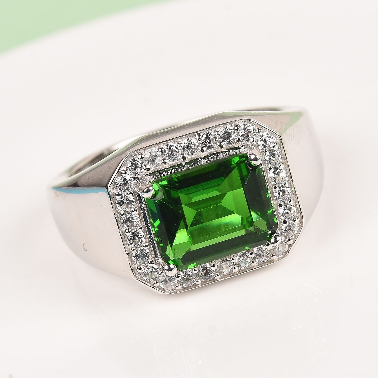 Helenite and Natural Cambodian Zircon Ring in Platinum Overlay Sterling Silver 3.75 Ct, Silver wt 6.25 Gms