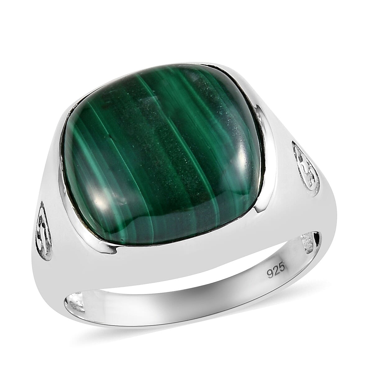 Malachite Signet Ring in Platinum Overlay Sterling Silver 14.88 Ct, Silver wt. 6.00 Gms