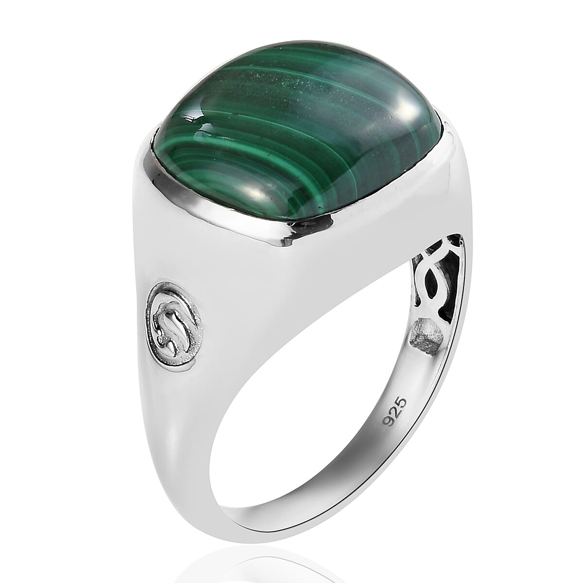 Malachite Signet Ring in Platinum Overlay Sterling Silver 14.88 Ct, Silver wt. 6.00 Gms