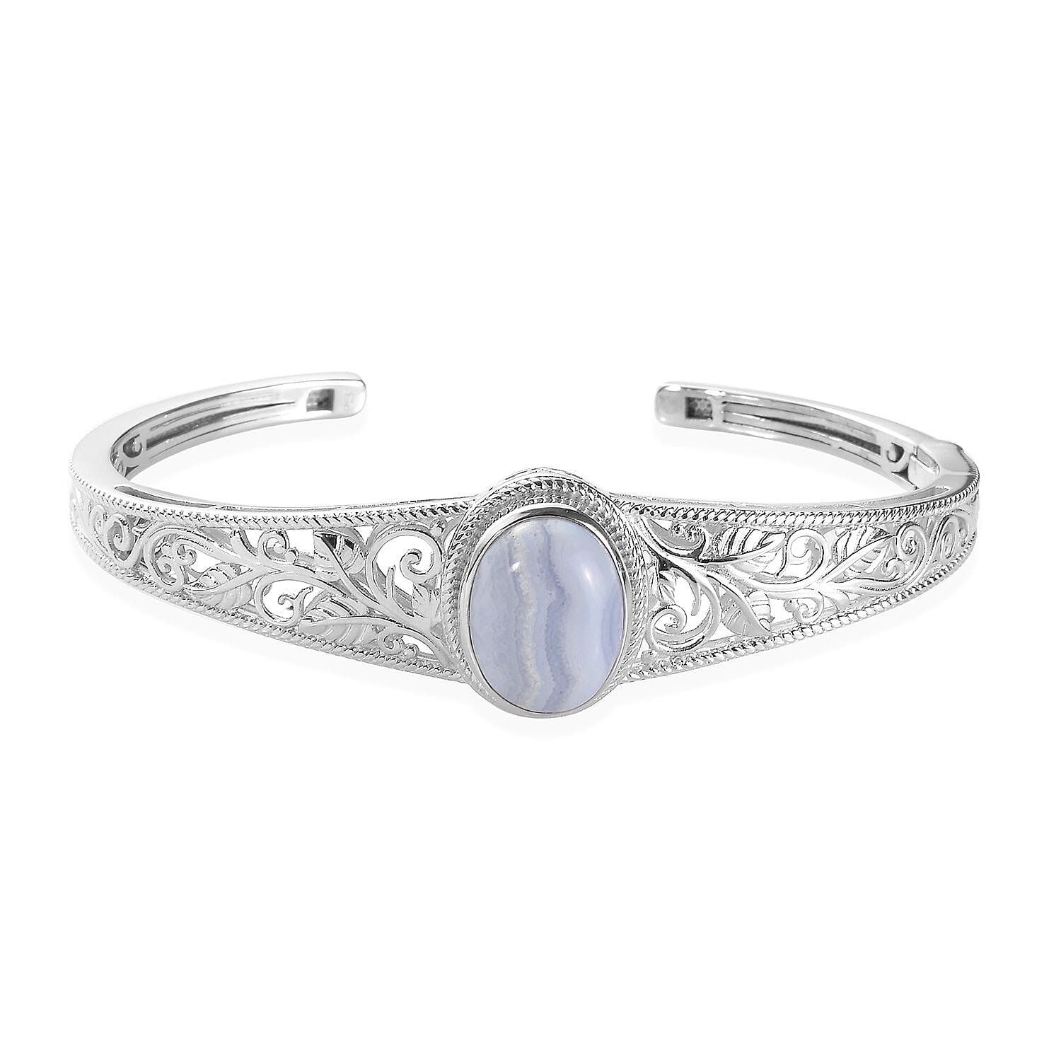 Blue Lace Agate Cuff Bangle (Size 7.5) in Silver Tone 4.25 Ct.