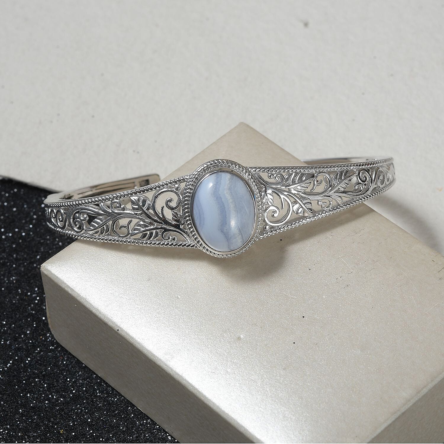 Blue Lace Agate Cuff Bangle (Size 7.5) in Silver Tone 4.25 Ct.