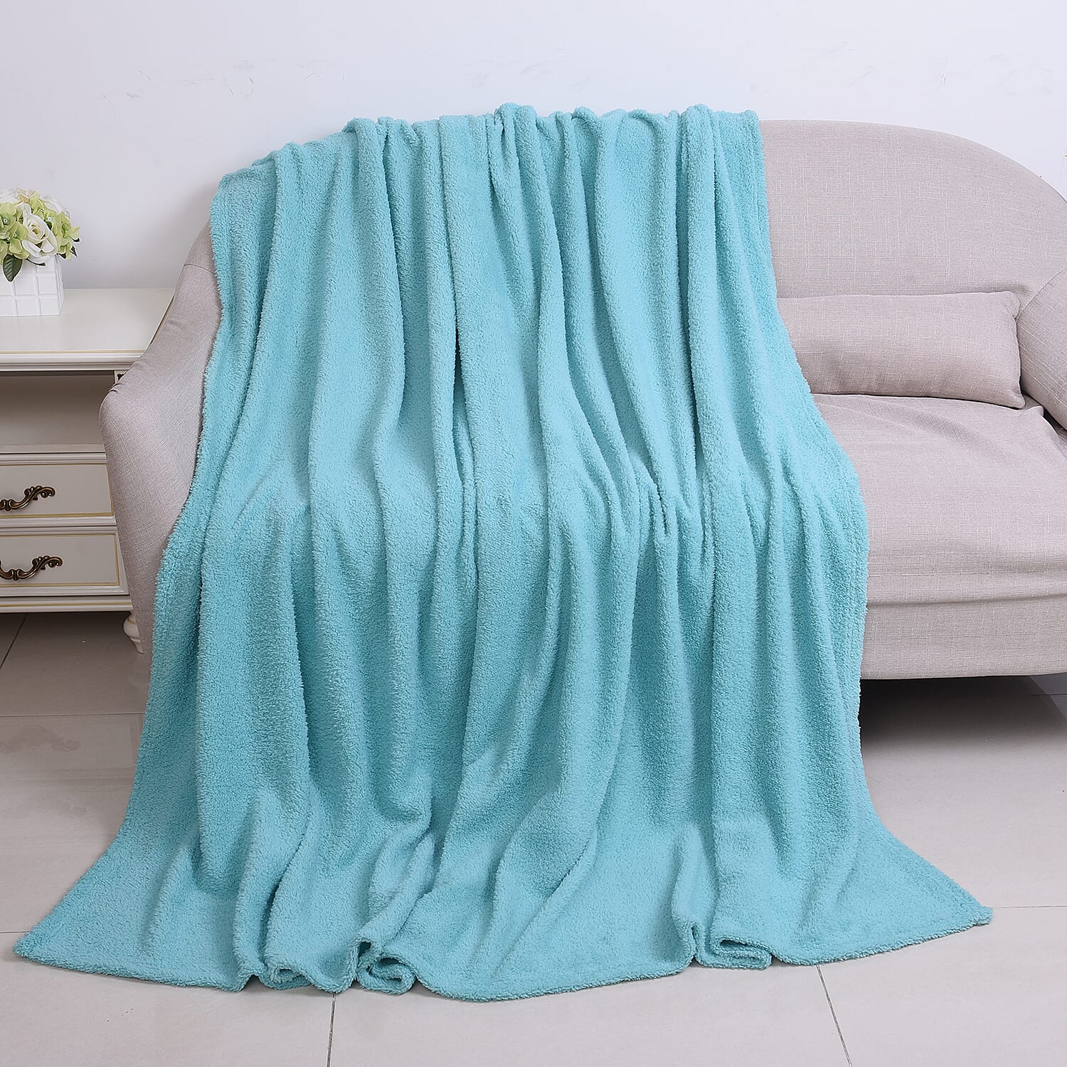 Soft Sherpa Blanket with Brush on Backside (Size 200x230 Cm) - Turquoise Colour