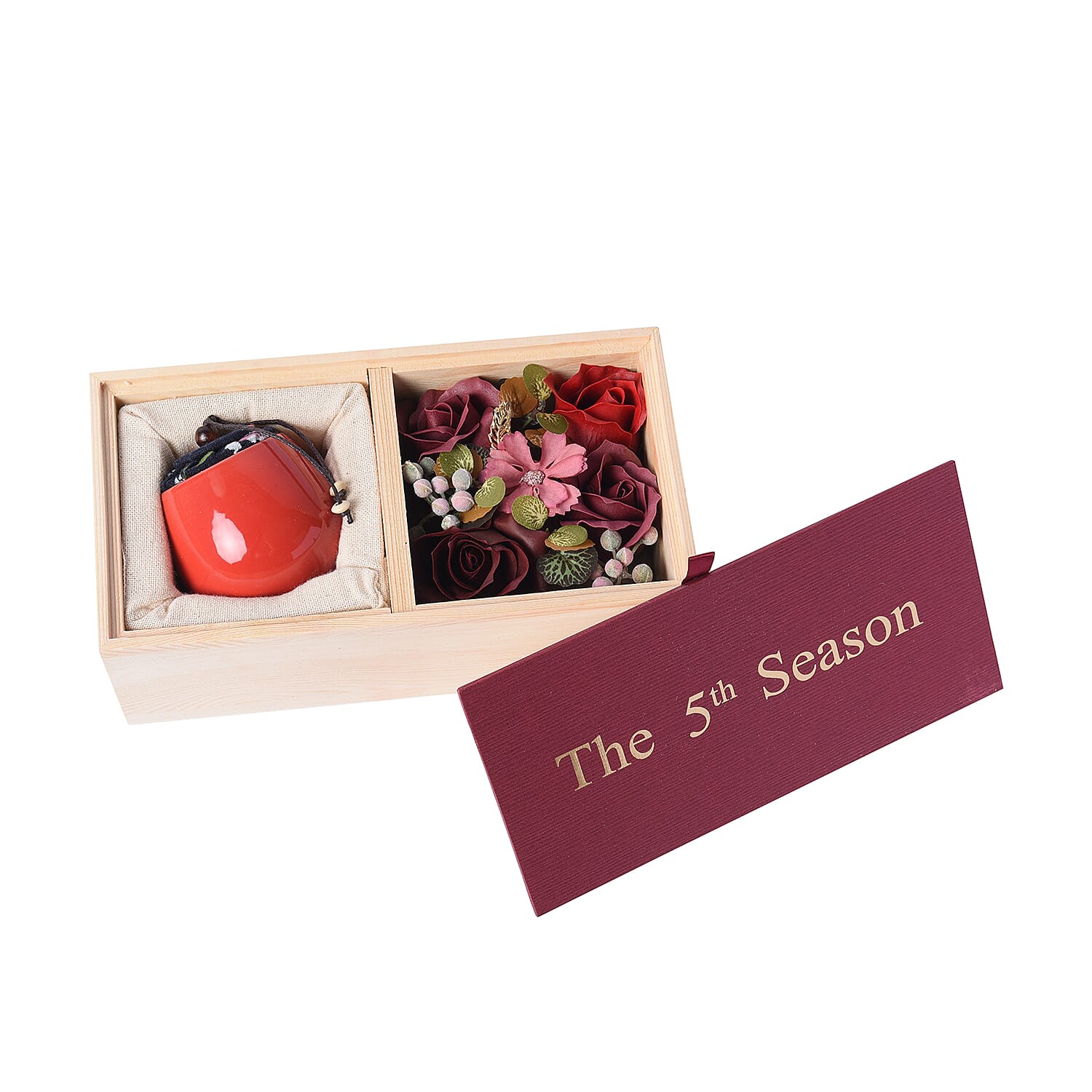 The 5th Season Scented Candle with Artificial Flowers in Wooden Gift Box - Red