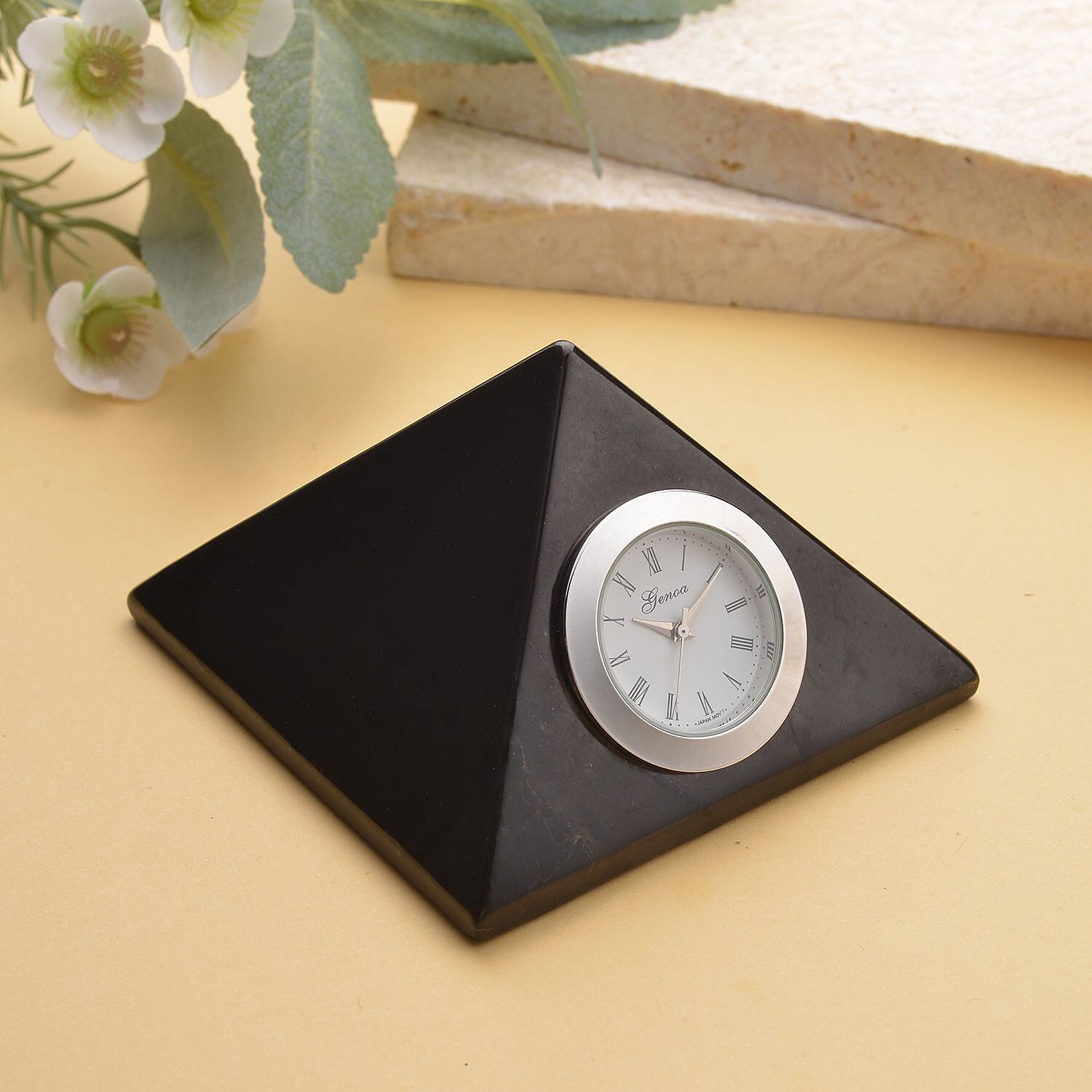 GENOA Shungite Pyramid Shape Japanese Movement Table Clock in Silver Tone