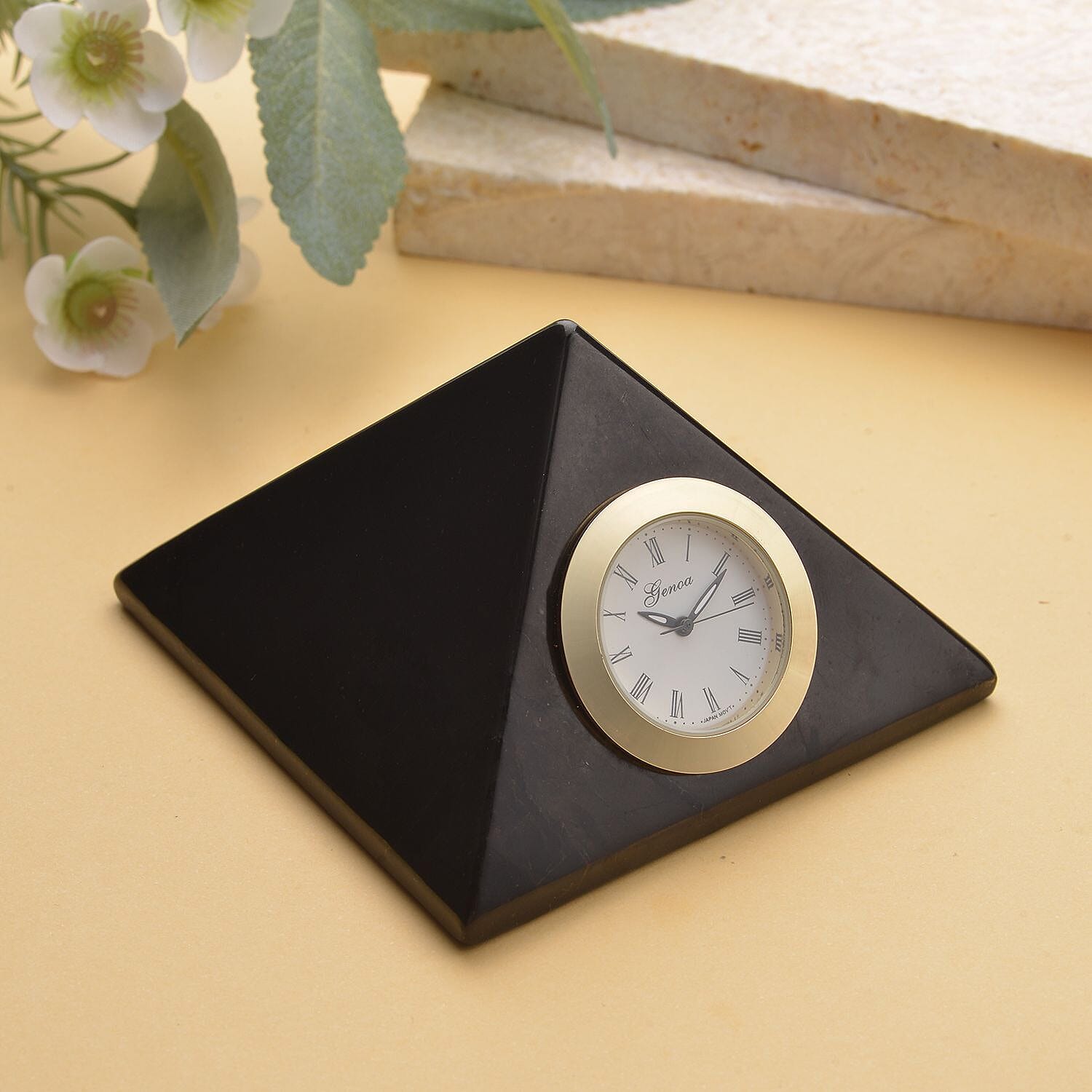 GENOA Shungite Japan Movement Water Resistant Pyramid Table Clock in Gold Tone