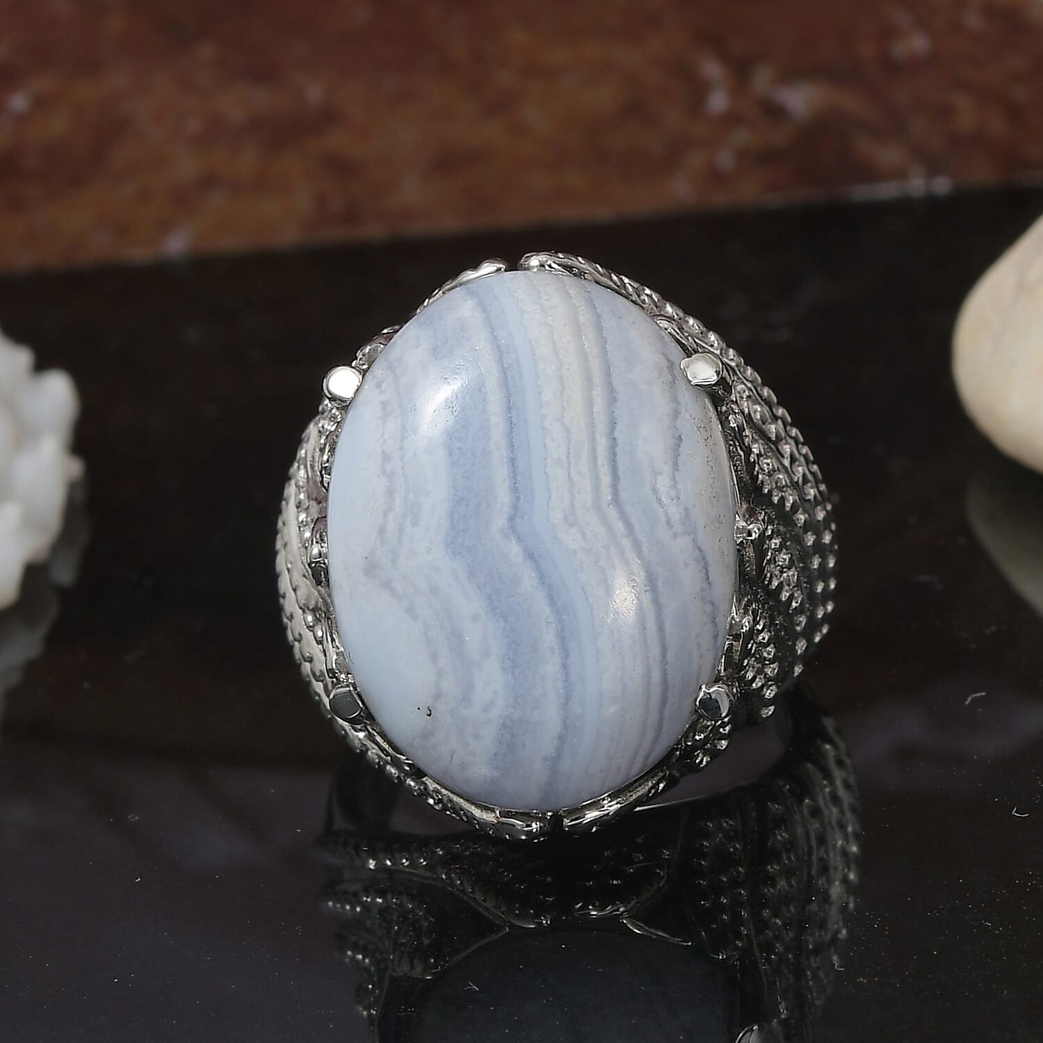 Blue Lace Agate Solitaire Ring in Stainless Steel 13.00 Ct.