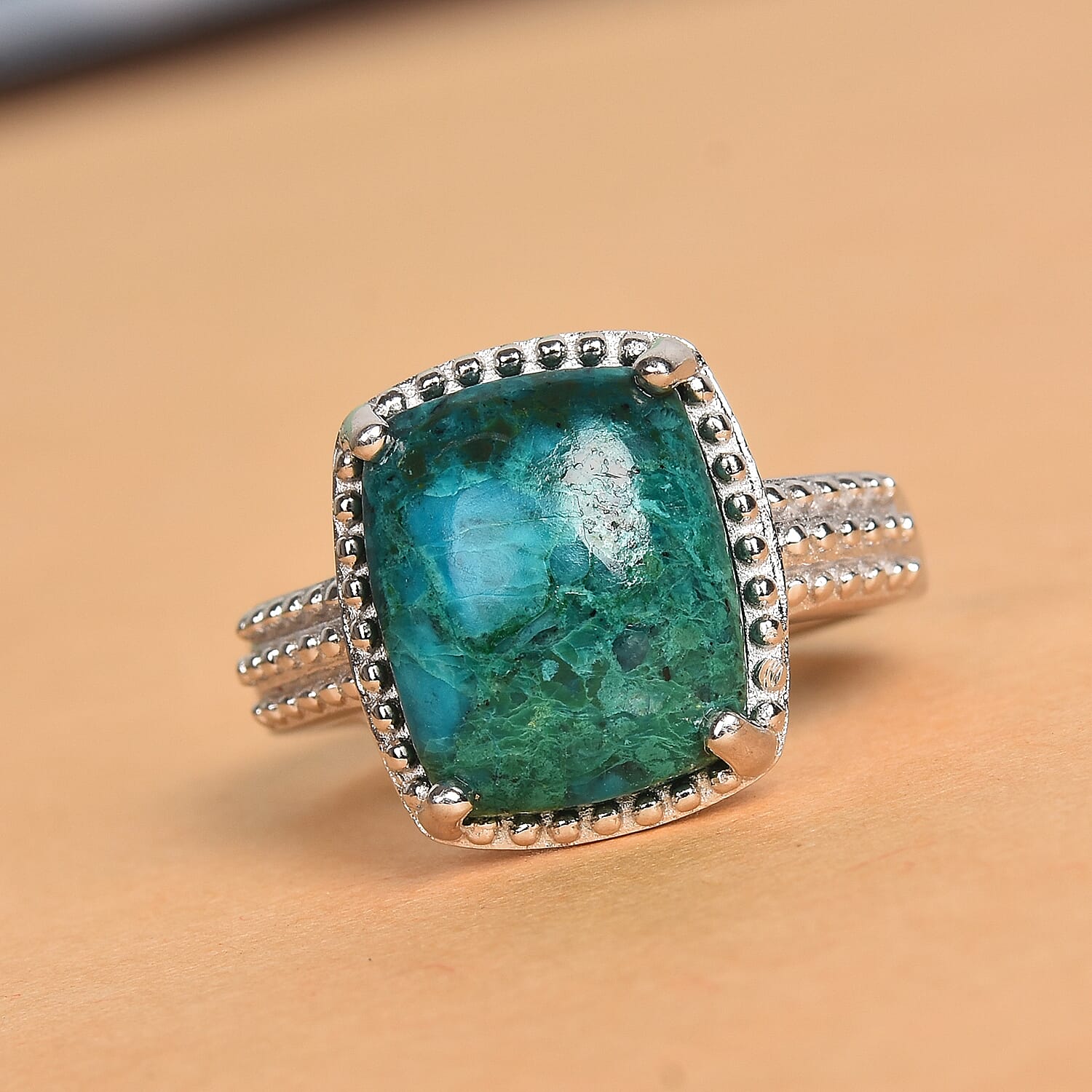 Chrysocolla Solitaire Ring in Platinum Tone 6.00 Ct