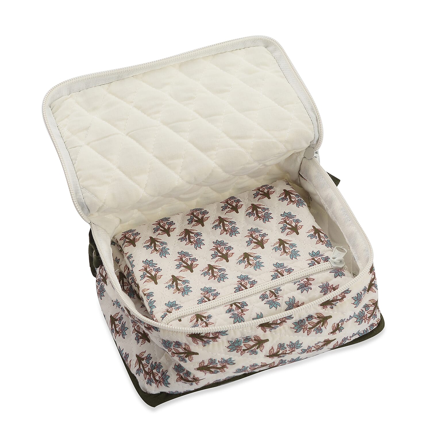 Cotton Traditional Print Quilted Makeup Bag (Size 15x7x14 Cm) -  Black and White