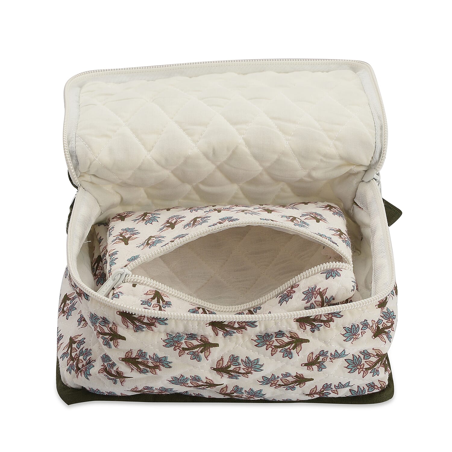 Cotton Traditional Print Quilted Makeup Bag (Size 15x7x14 Cm) -  Black and White