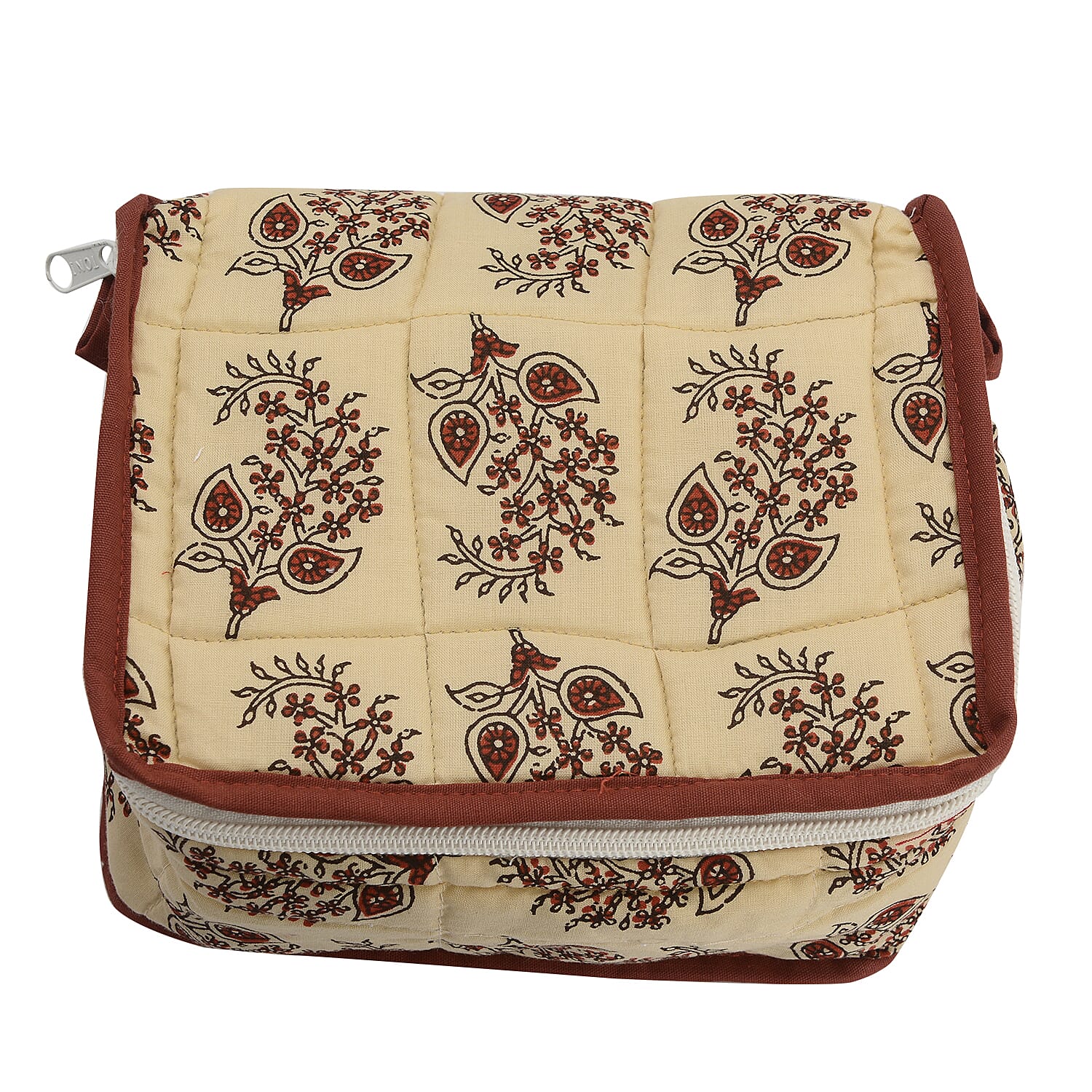 Cotton Traditional Print Quilted Makeup Bag (Size 15x7x14cm) - Beige and Red