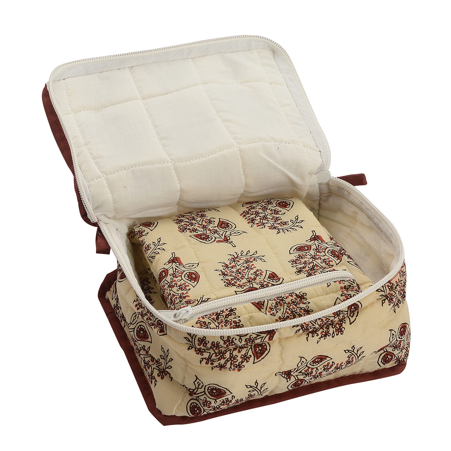 Cotton Traditional Print Quilted Makeup Bag (Size 15x7x14cm) - Beige and Red
