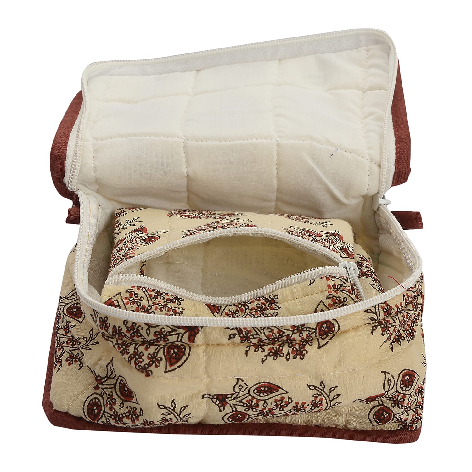 Cotton Traditional Print Quilted Makeup Bag (Size 15x7x14cm) - Beige and Red