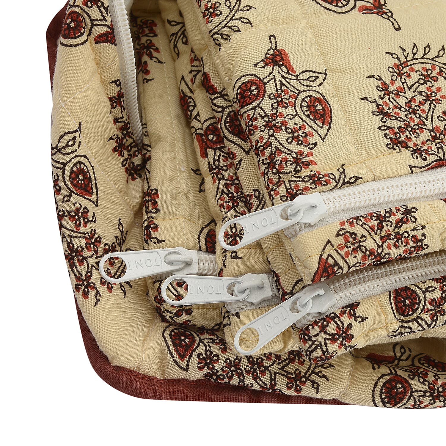 Cotton Traditional Print Quilted Makeup Bag (Size 15x7x14cm) - Beige and Red