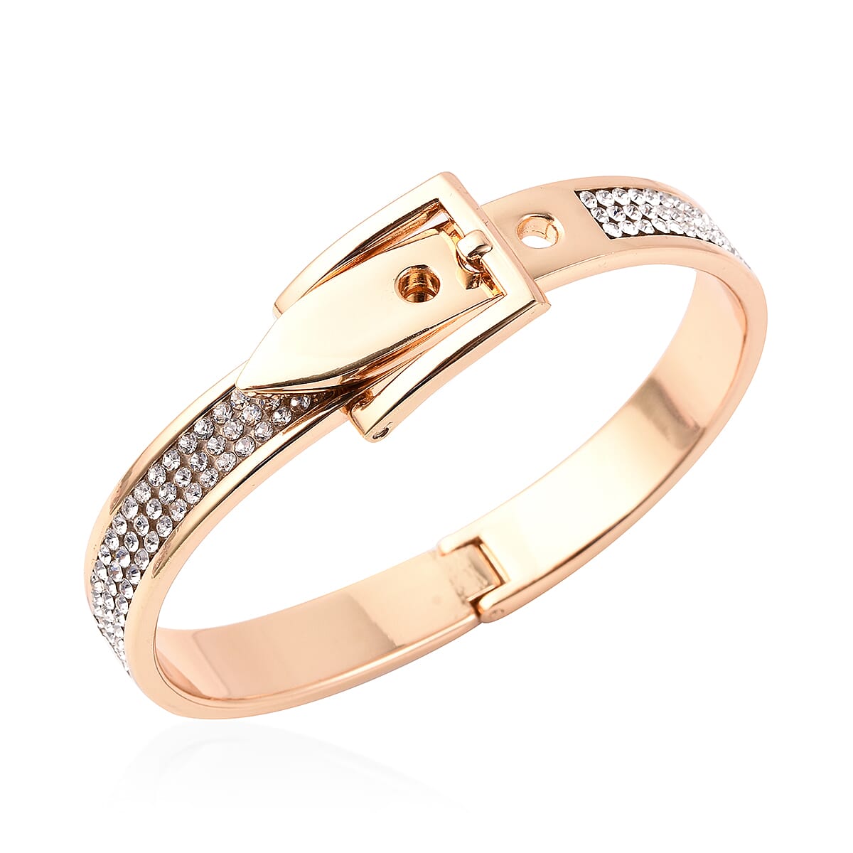 White Austrian Crystal Belt Buckle Hinged Bangle (Size 6.5) in Yellow Gold Tone