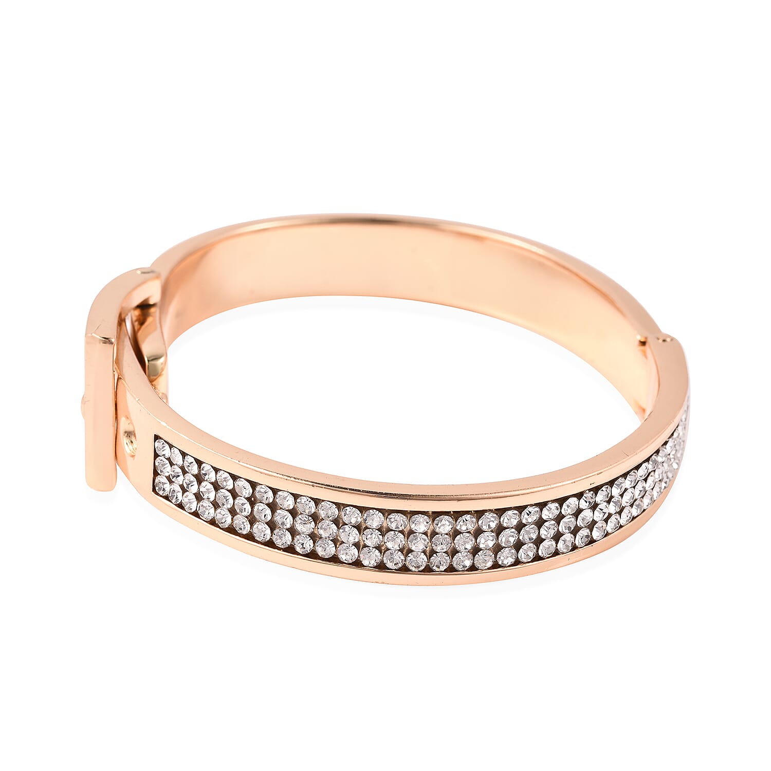 White Austrian Crystal Belt Buckle Hinged Bangle (Size 6.5) in Yellow Gold Tone