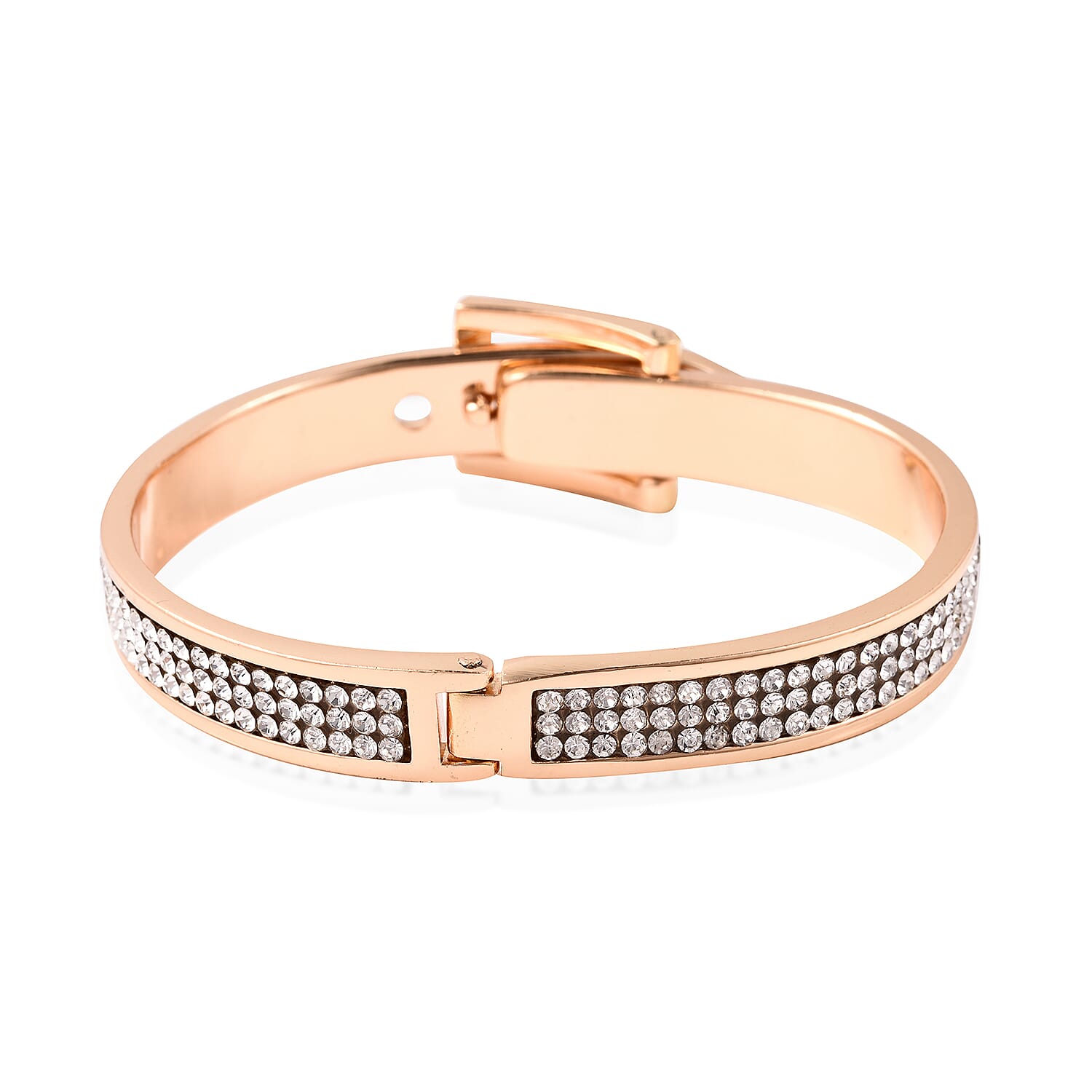 White Austrian Crystal Belt Buckle Hinged Bangle (Size 6.5) in Yellow Gold Tone