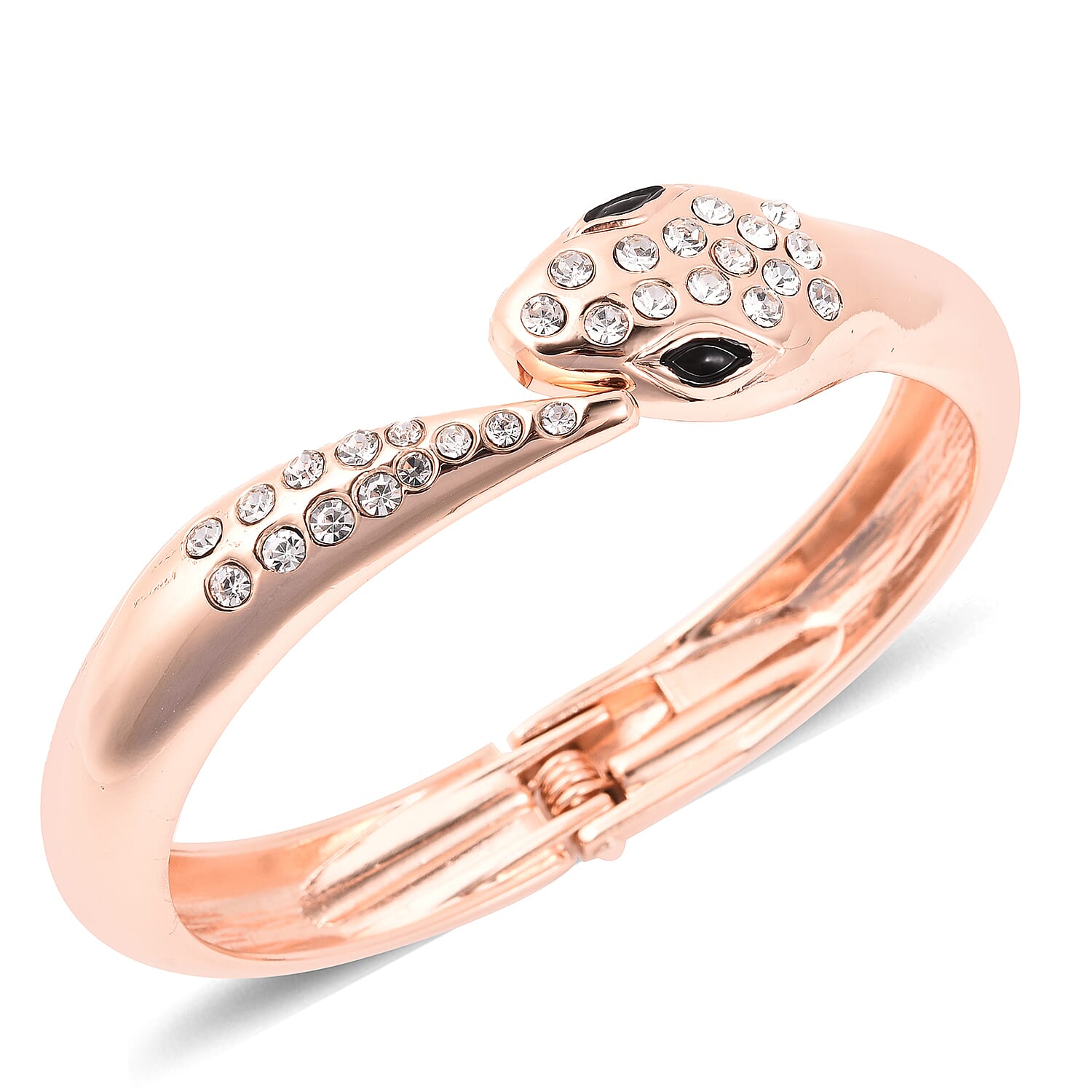White Austrian Crystal Snake Head Enamelled Bangle (Size 7) in Rose Gold Tone