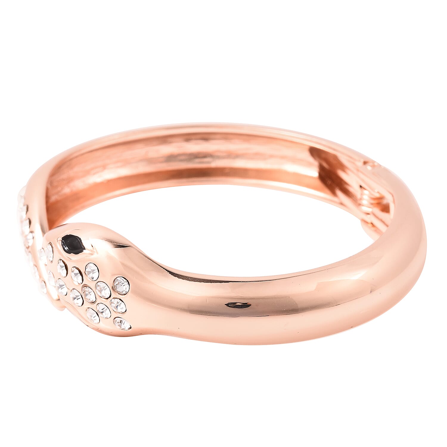 White Austrian Crystal Snake Head Enamelled Bangle (Size 7) in Rose Gold Tone