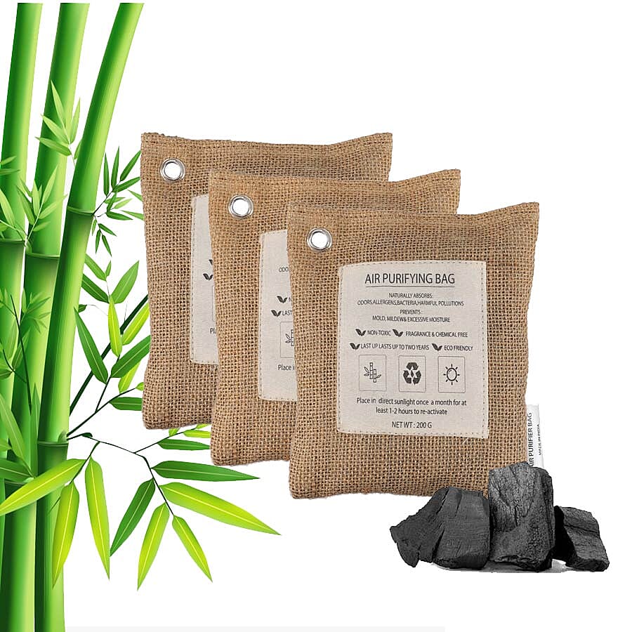 Set of 3 - Activated Charcoal Air Purifier Pouches with 3 Steel Hooks - 200 g