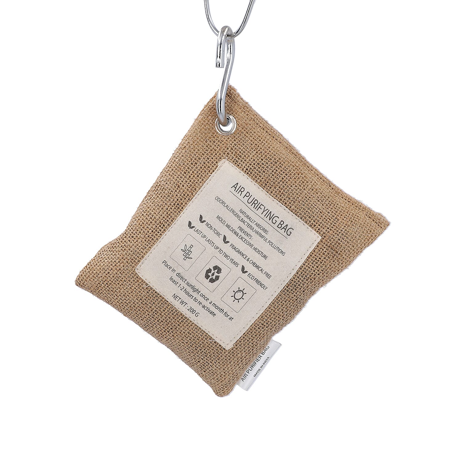 Set of 3 - Activated Charcoal Air Purifier Pouches with 3 Steel Hooks - 200 g