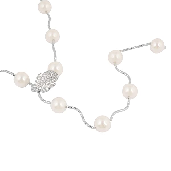 White Shell Pearl and Simulated Diamond Adjustable Necklace in Silver ...