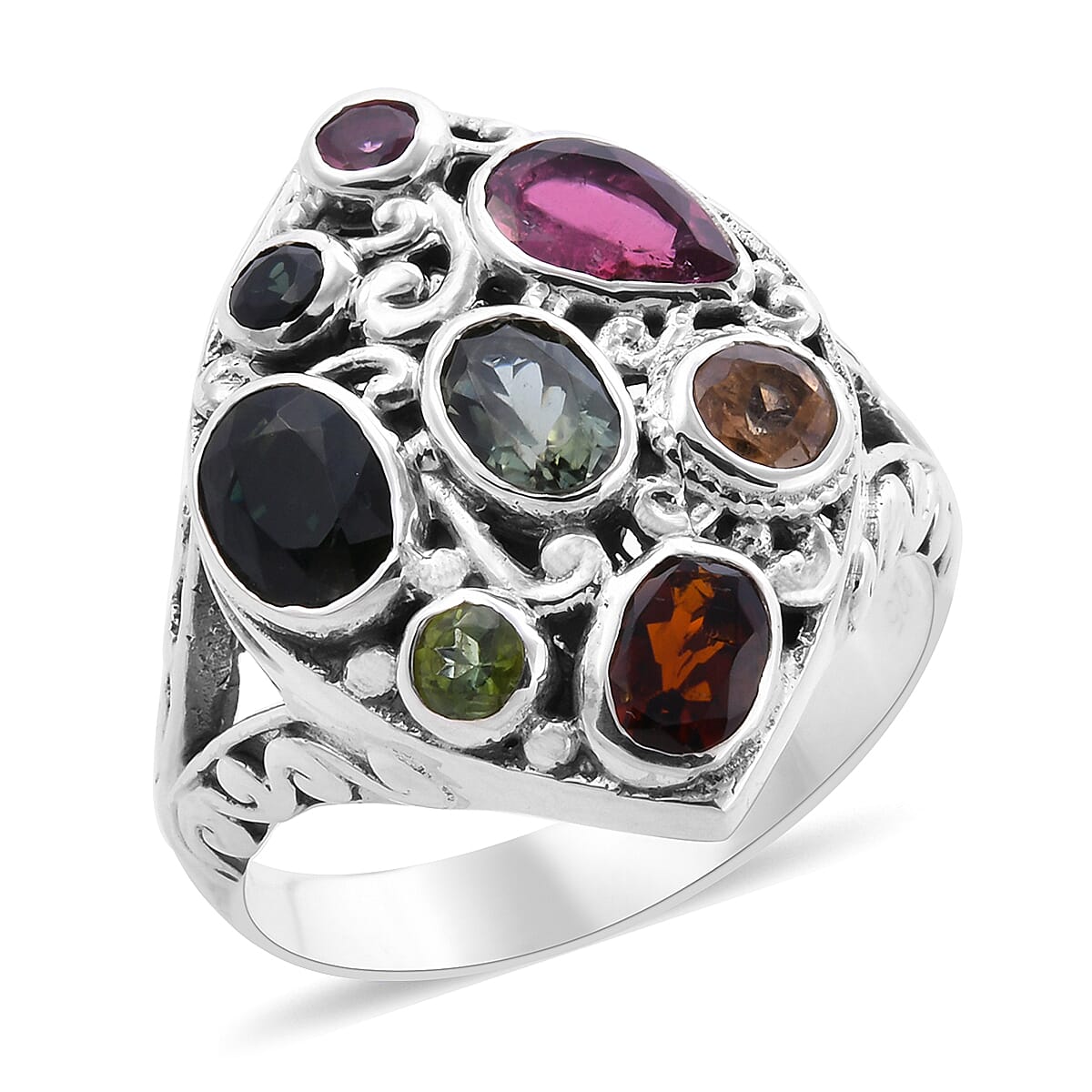 Bali Legacy Collection - Multi-Tourmaline Dome Ring in Sterling Silver 3.39 Ct, Silver wt. 6.50 Gms
