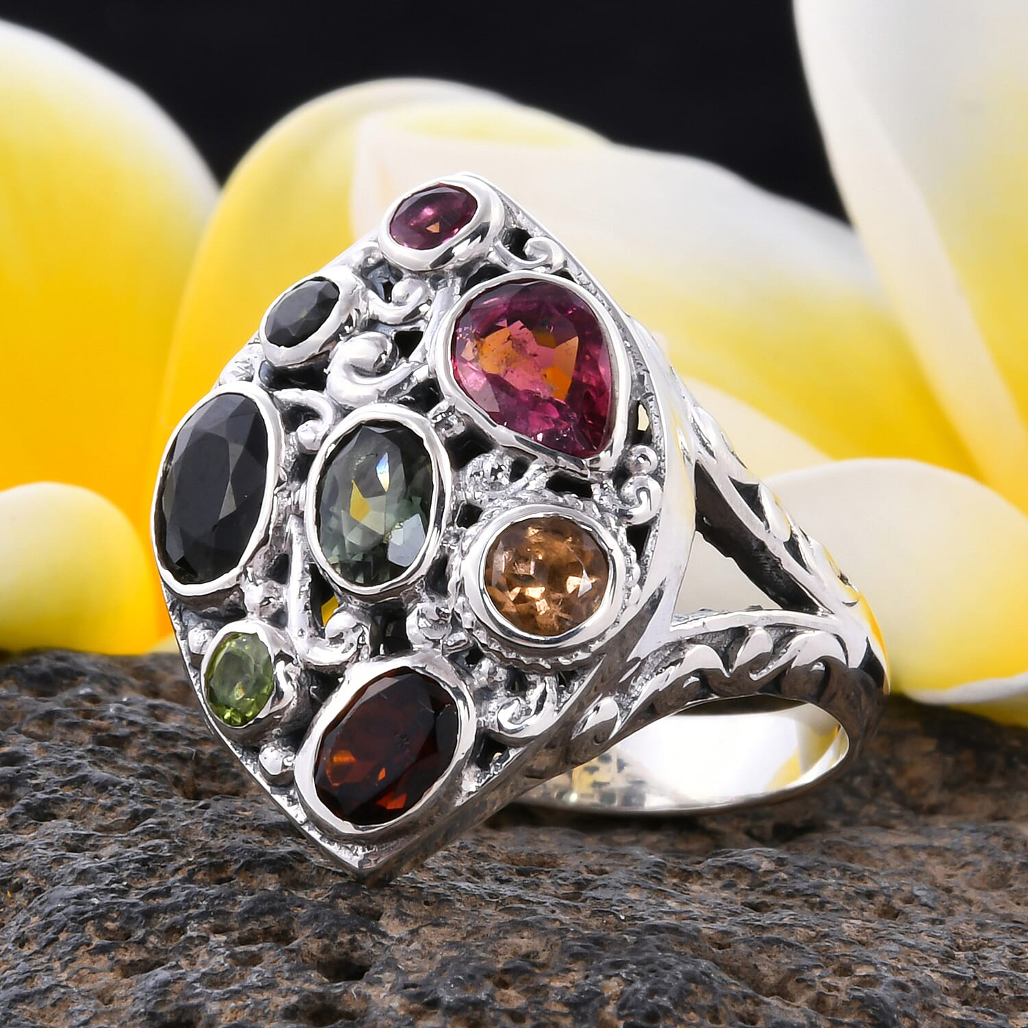 Bali Legacy Collection - Multi-Tourmaline Dome Ring in Sterling Silver 3.39 Ct, Silver wt. 6.50 Gms