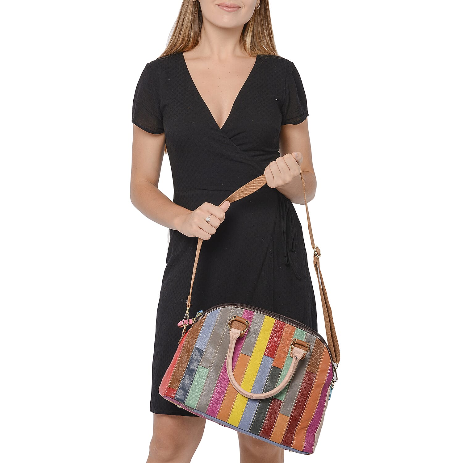 100% Genuine Leather Stripe-Pattern Handbag with Detachable Shoulder Strap (Size 37x16x28cm) - Multi Colour